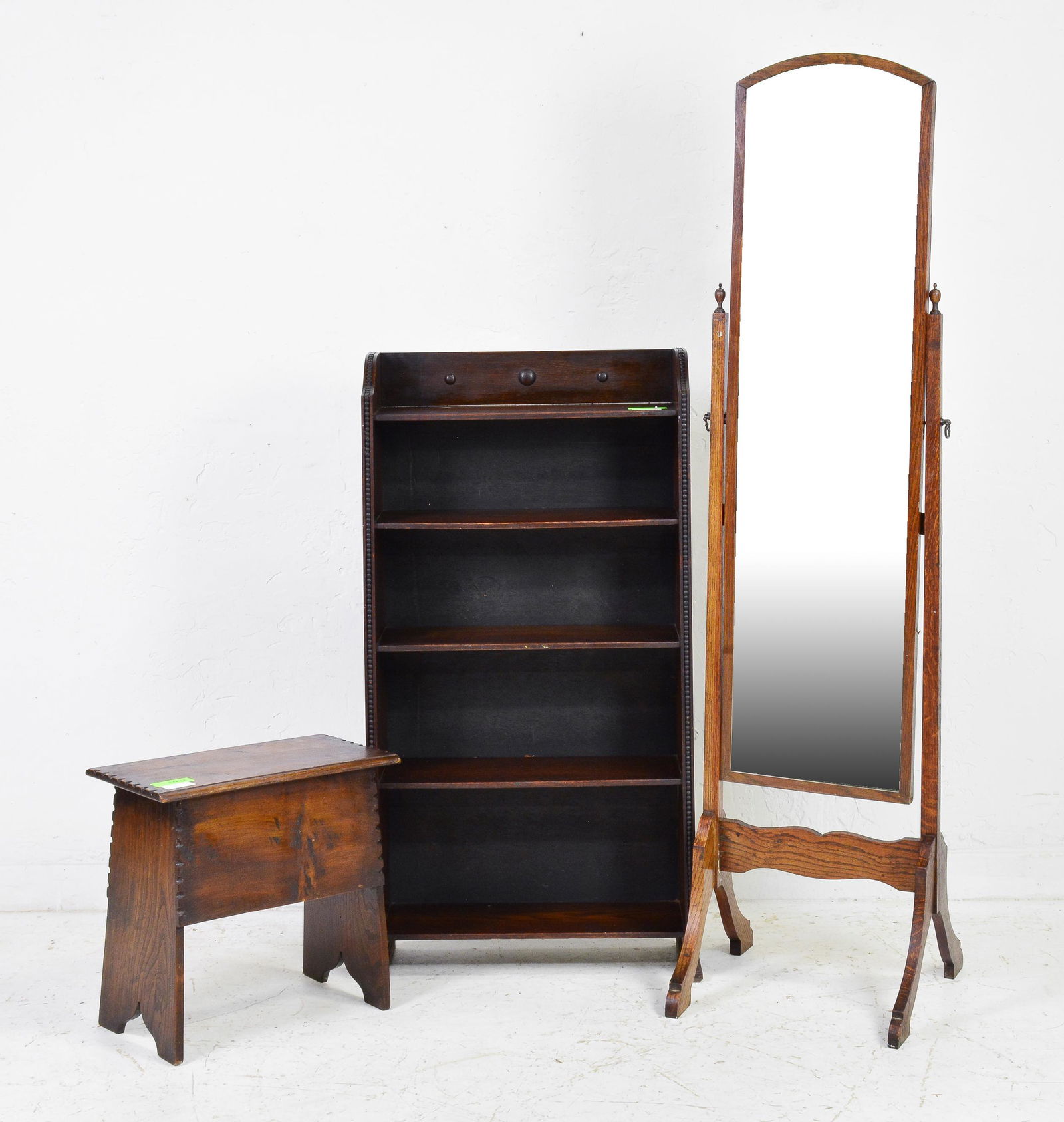 English Oak Bookshelf, Cheval Mirror & Stool (1 of 3)