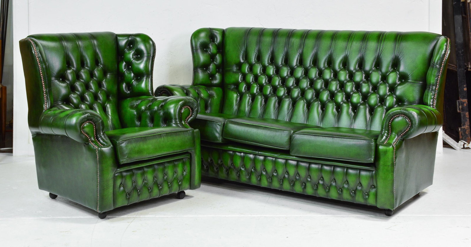 Green Leather Chesterfield Monks Back Sofa & Chair (1 of 3)