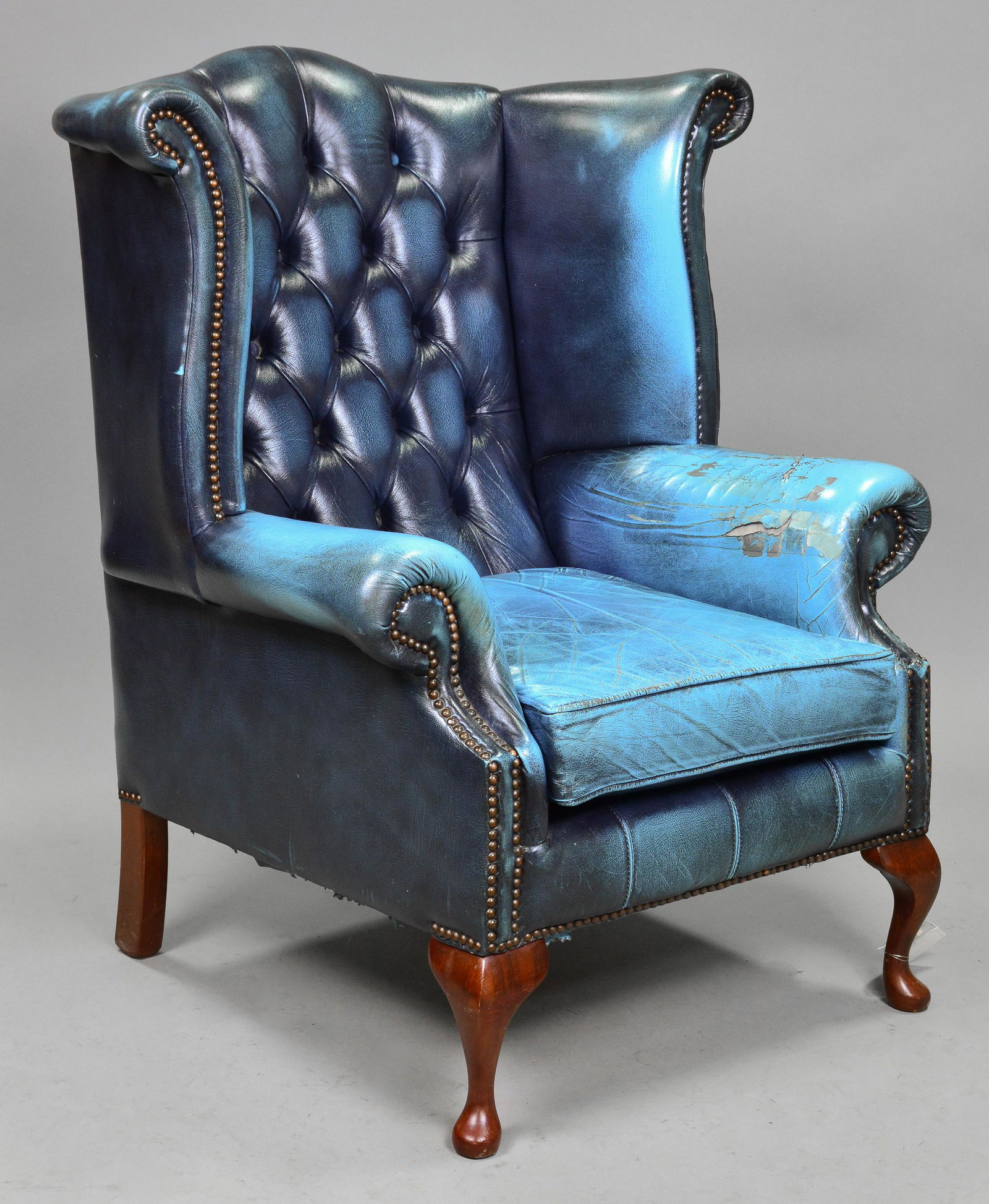 British Blue Leather Chesterfield Wing Back Chair (1 of 8)