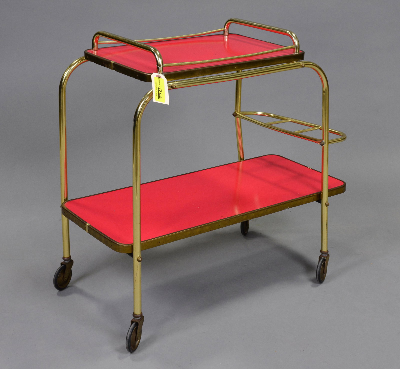 Red & Brass Toned European Cocktail Cart: Red & Brass Cocktail Cart from France - 26 in tall x 30 x 16