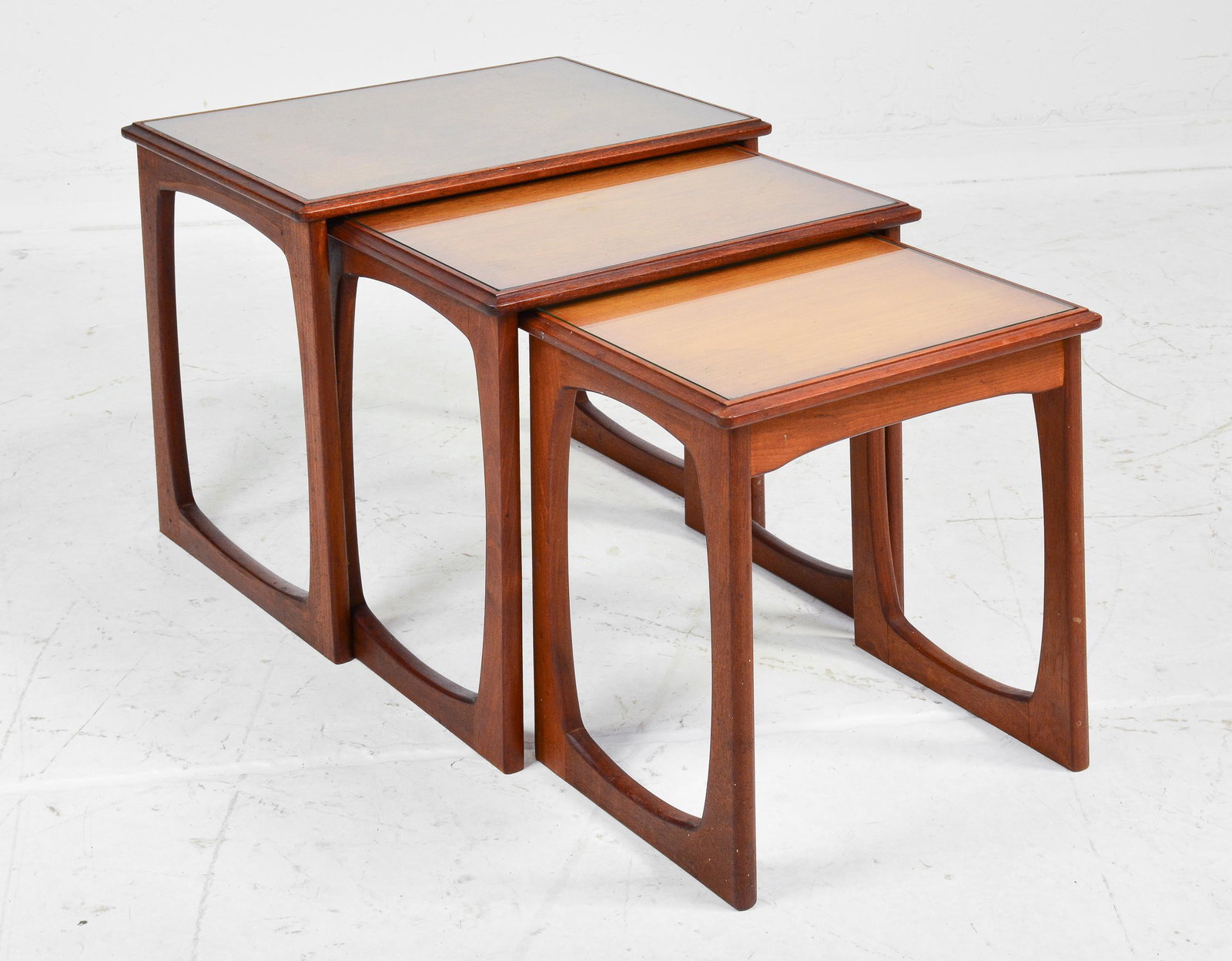 Mid Century Modern Teak Nest of Tables with Glass Top: Danish Modern Nest of Tables - 20 in tall x 21 x 15