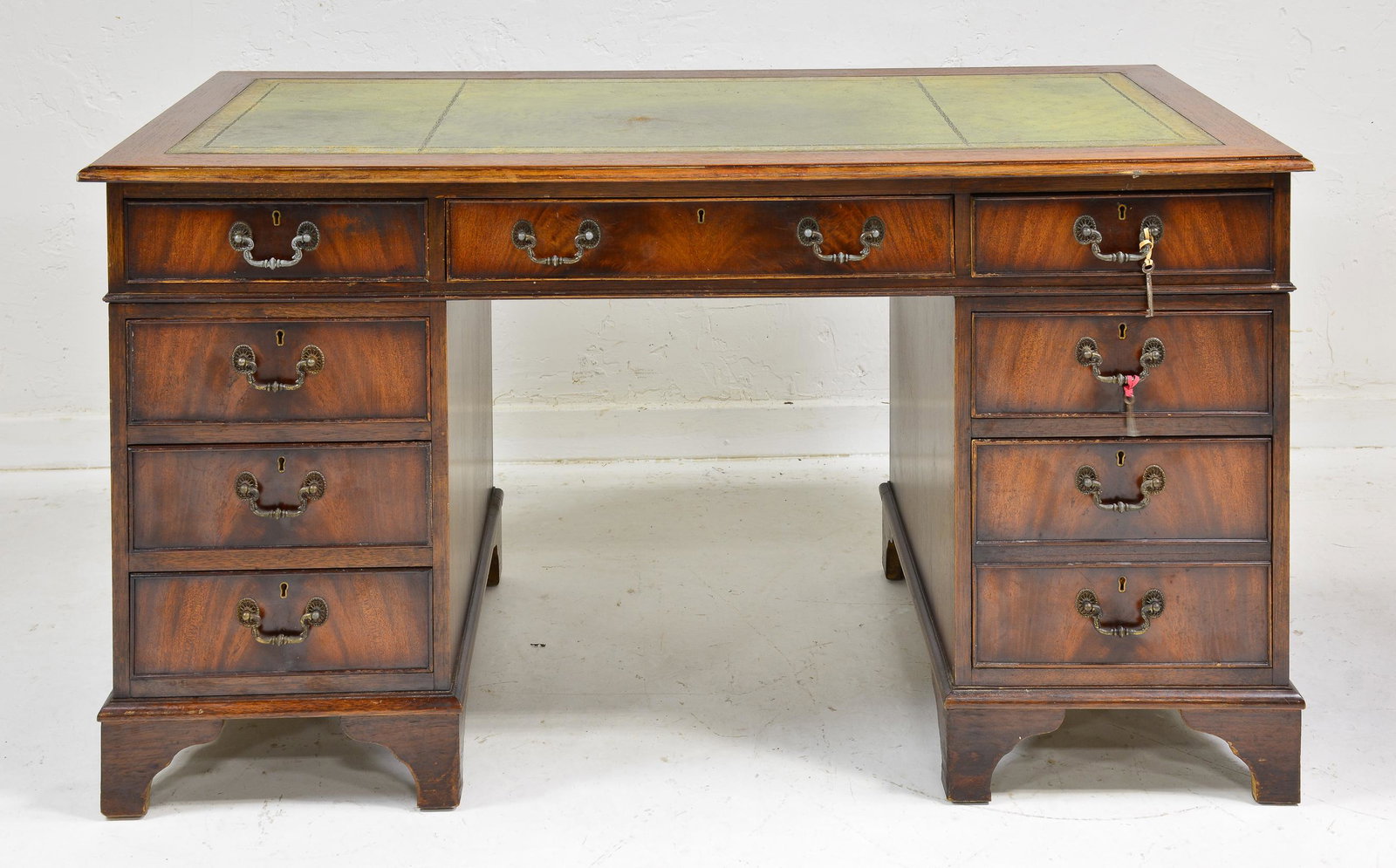 British Green Leather Top Desk: British Green Leather Top Desk - 30 in tall x 55 x 27