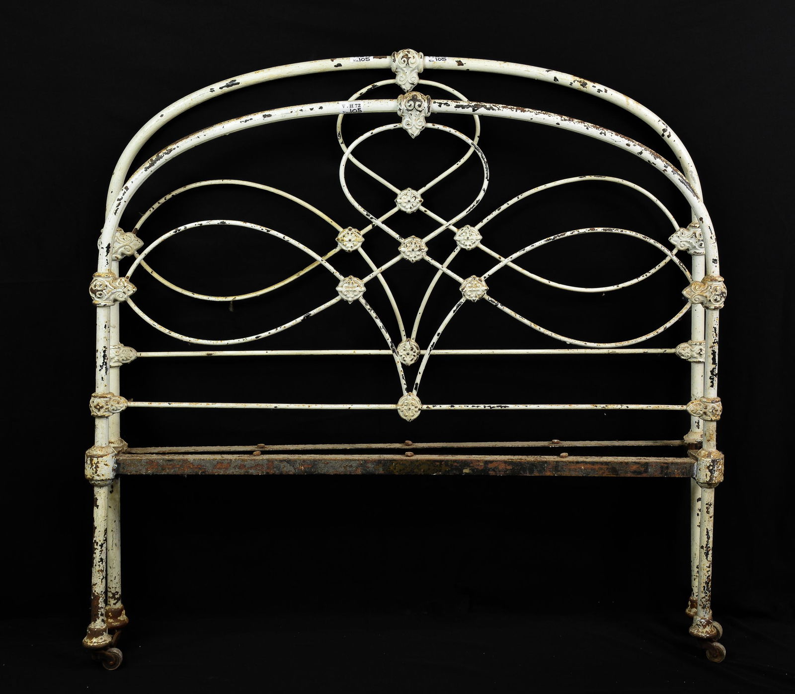 Painted Arched Top Iron Bed With Rails: Painted Arched Iron Bed with Rails - Headboard is 48 in tall x 49 x 3, Rails are 73 inches long each - This bed is a European Size which can easily be converted to an American size by removing the rai