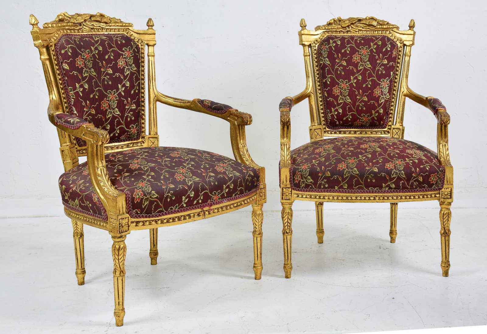 Pair Gold Gilt French Style Upholsterd Arm Chairs: New Item, Pair Gold Gilt French Style Upholstered Arm Chairs - 38 in tall x 25 x 27, Seat height is 19 inches