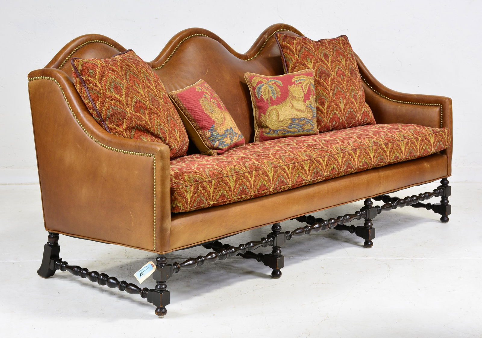Arched Back Leather Sofa & Needlepoint Pillows (1 of 8)