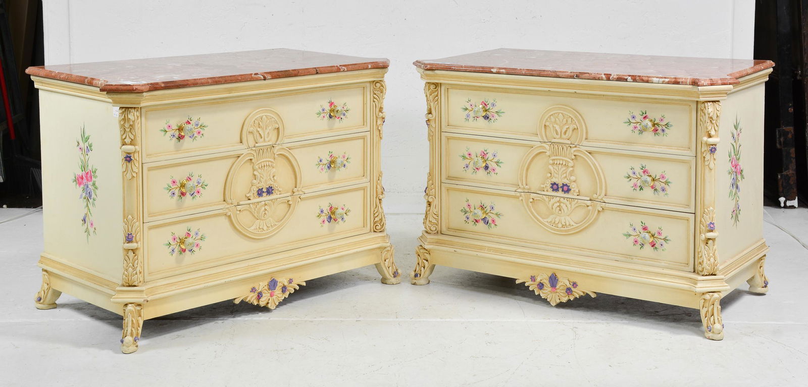 Pair of Painted Carved Marble Top Commodes (1 of 5)