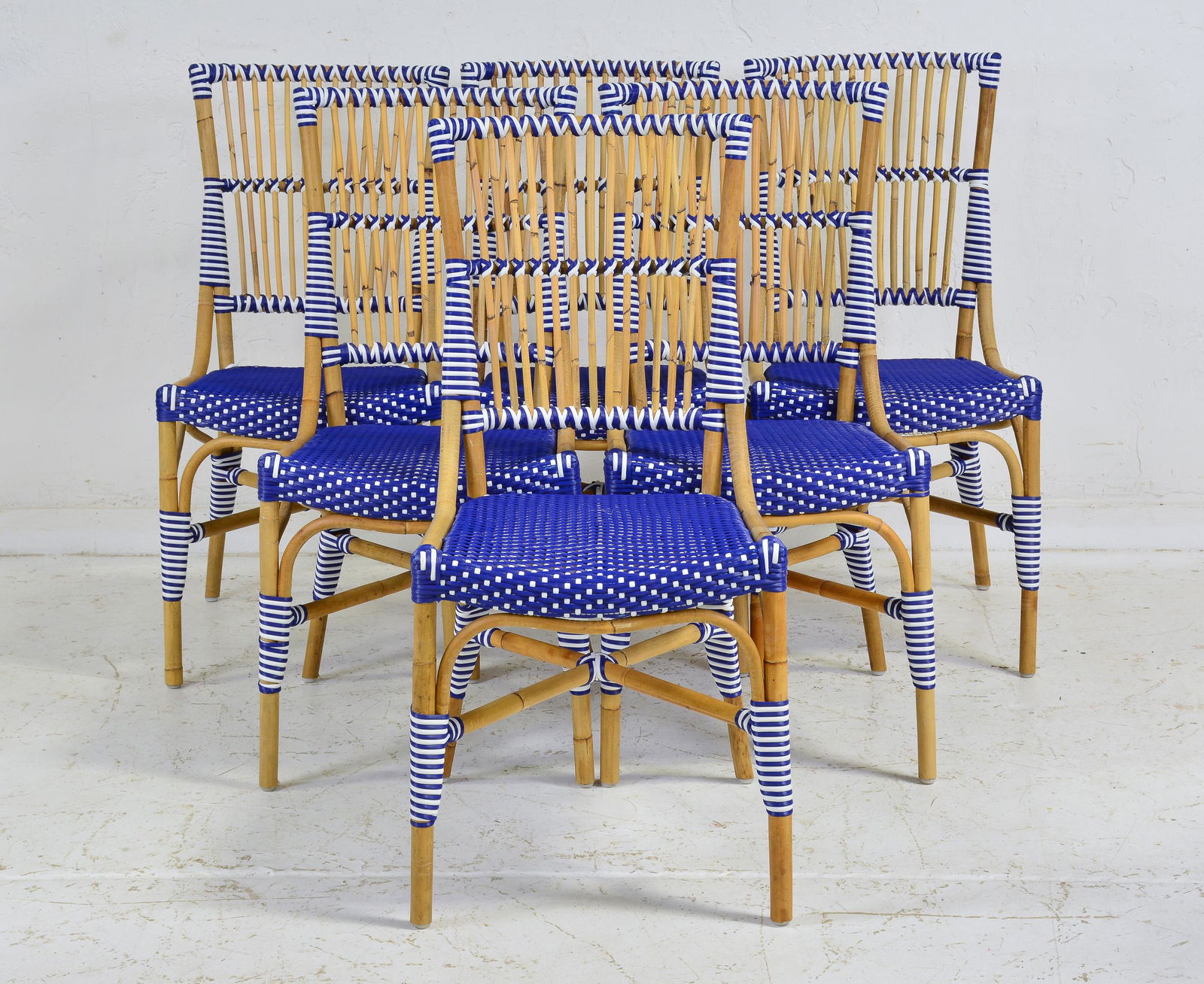 6 Bamboo / Rattan / Wicker Blue & White  Dining Chairs (1 of 3)