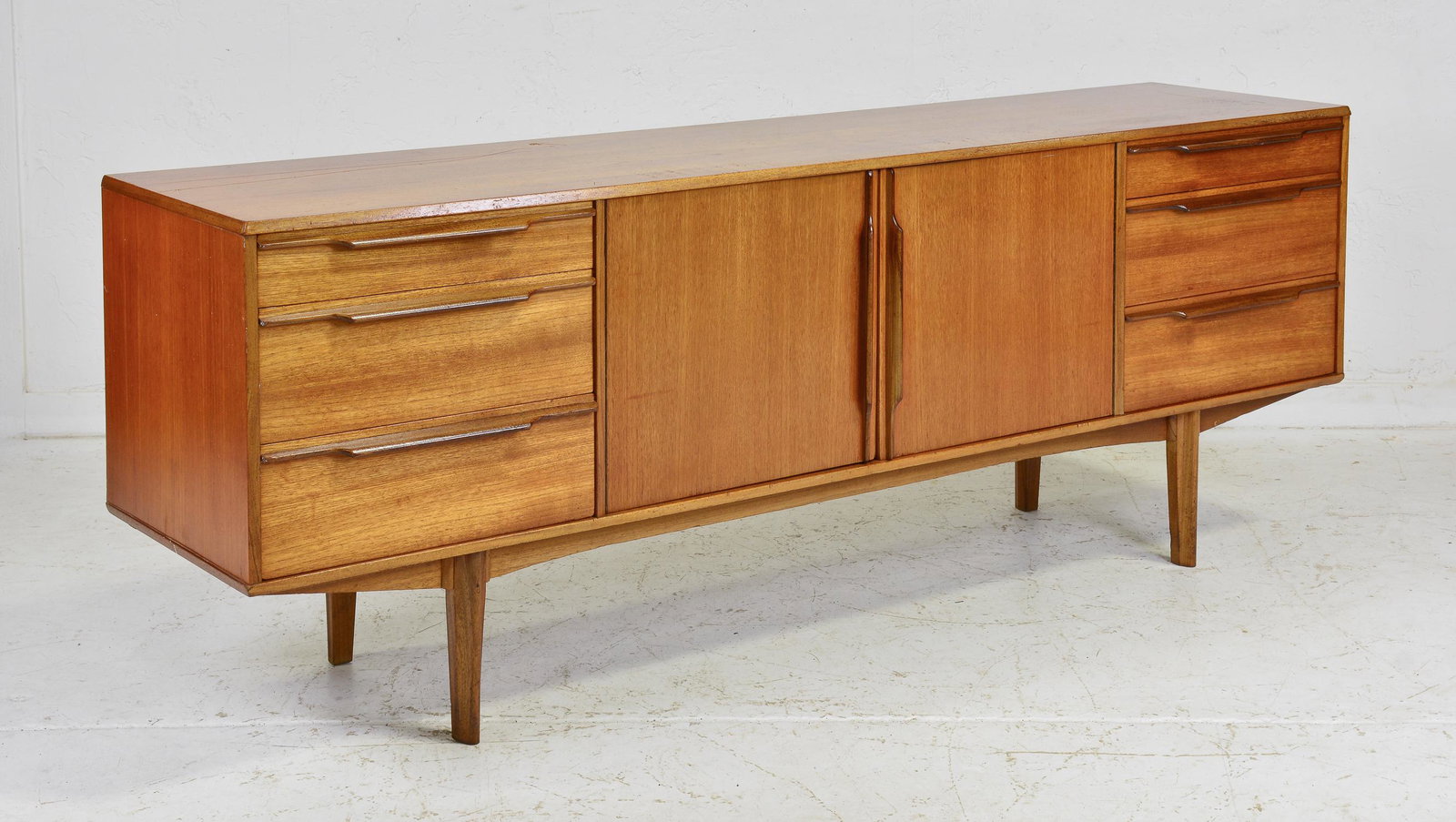 Mid Century Modern Sideboard - Morris of Glasgow: Danish Modern Style Credenza with folded handles by British Maker Morris of Glasgow - 29 in tall x 79 x 18