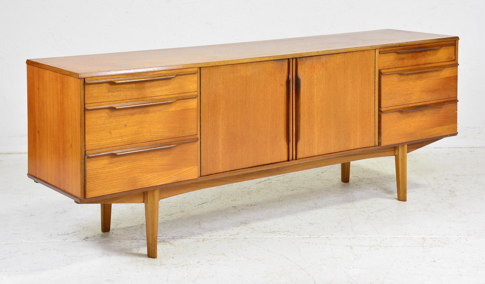 Mid Century Modern Sideboard - Morris of Glasgow: Danish Modern Style Credenza with folded handles by British Maker Morris of Glasgow - 29 in tall x 79 x 18