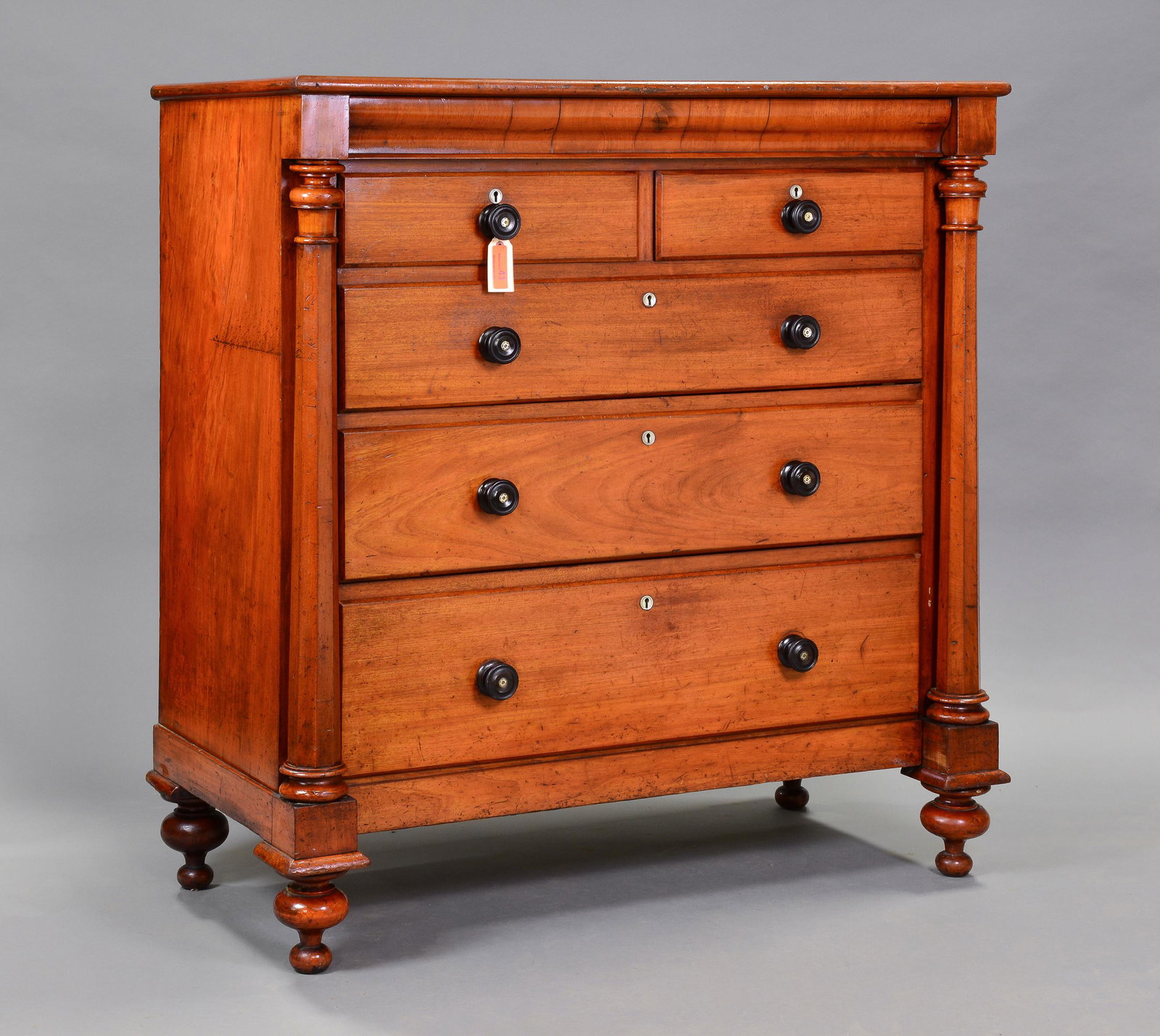 English Mahogany Large 5 Drawer Chest: English Mahogany Large 5 Drawer Chest with Column Sides - 53 in tall x 51 x 25