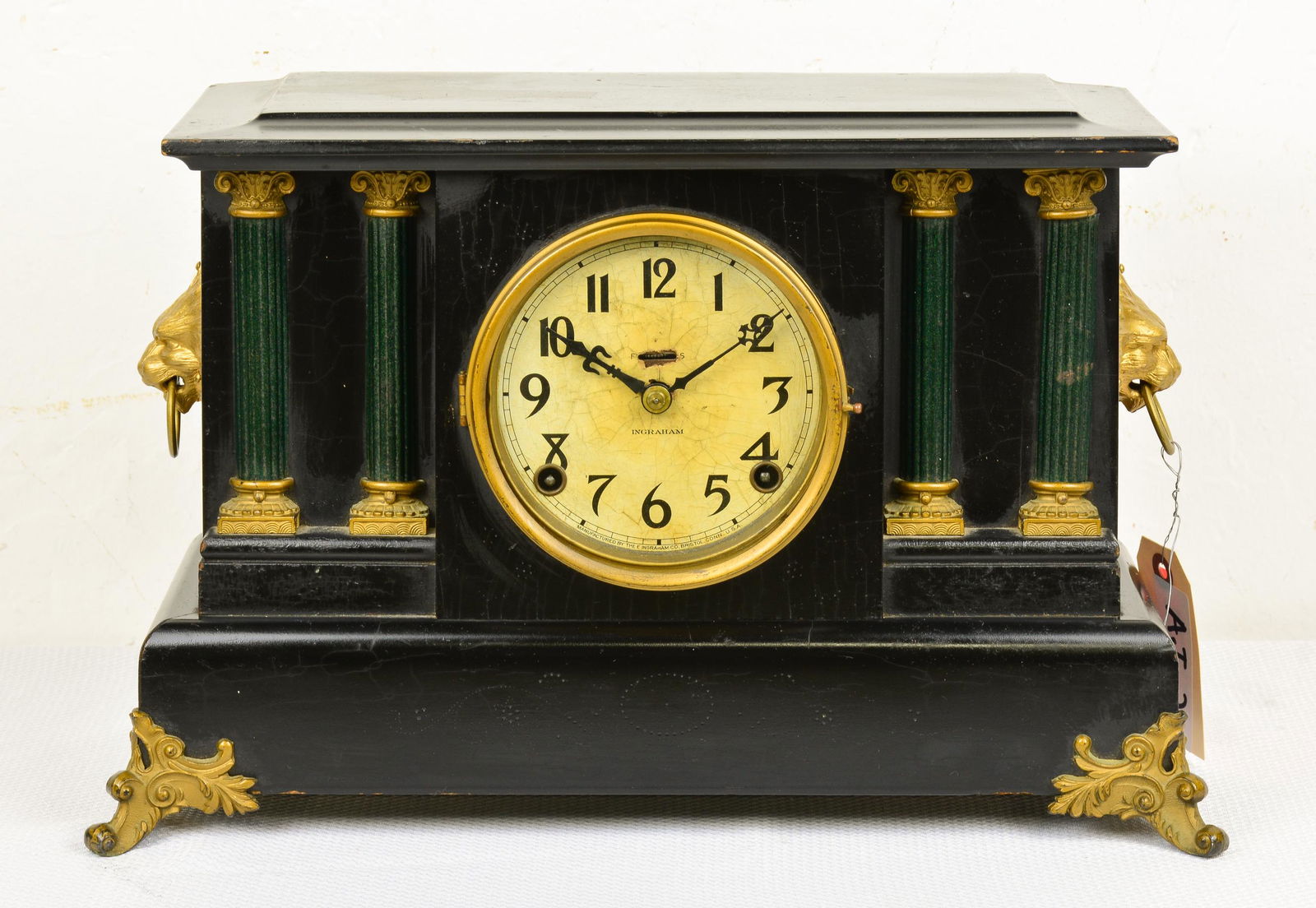 Painted Black / Gold Mantle Clock with Lion Heads (1 of 4)