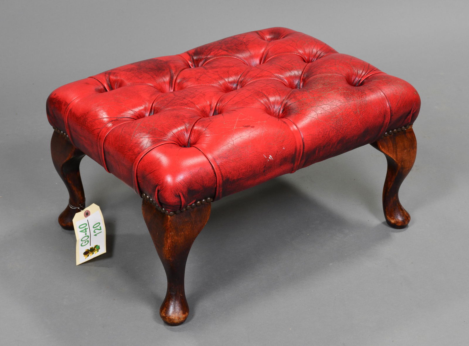 British Red Leather Button Tufted Chesterfield Stool (1 of 2)