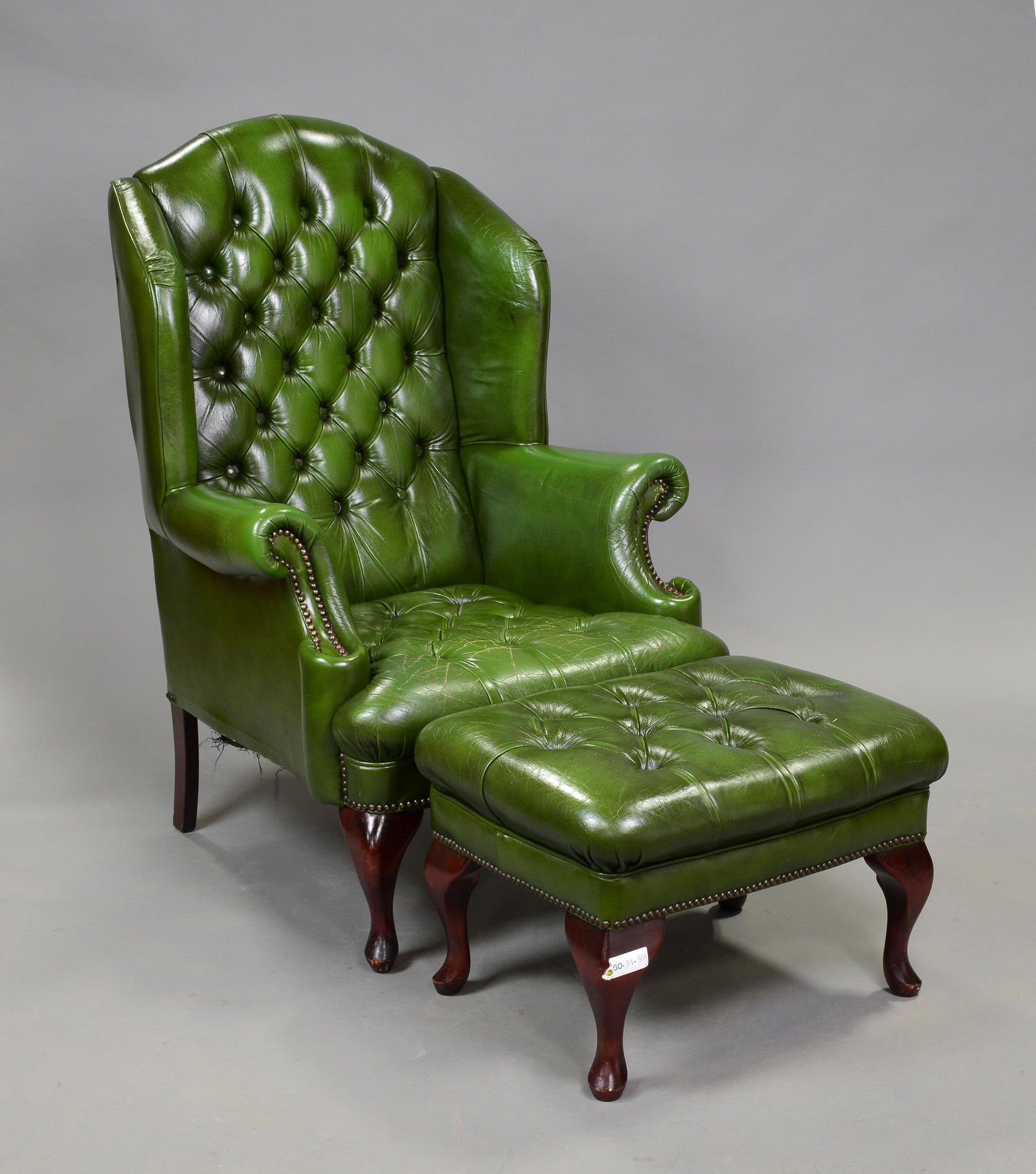 British Green Leather Wing Back Chair & Stool (1 of 4)