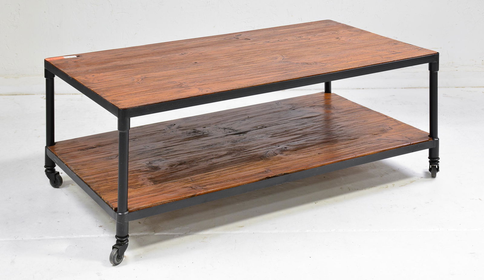 Industrial 2 Tier Wood / Metal Rolling Coffee Table: New Item, Industrial 2 Tier Wood / Metal Rolling Coffee Table - 19 in tall x 51 x 28