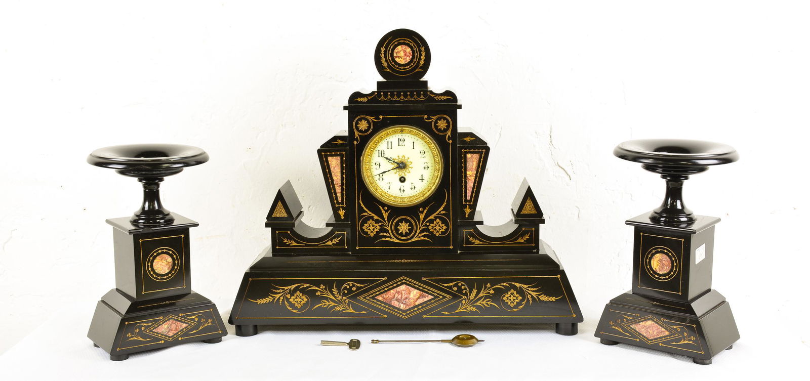 3pc Marble Inlaid Black Slate Mantle Clock (1 of 4)