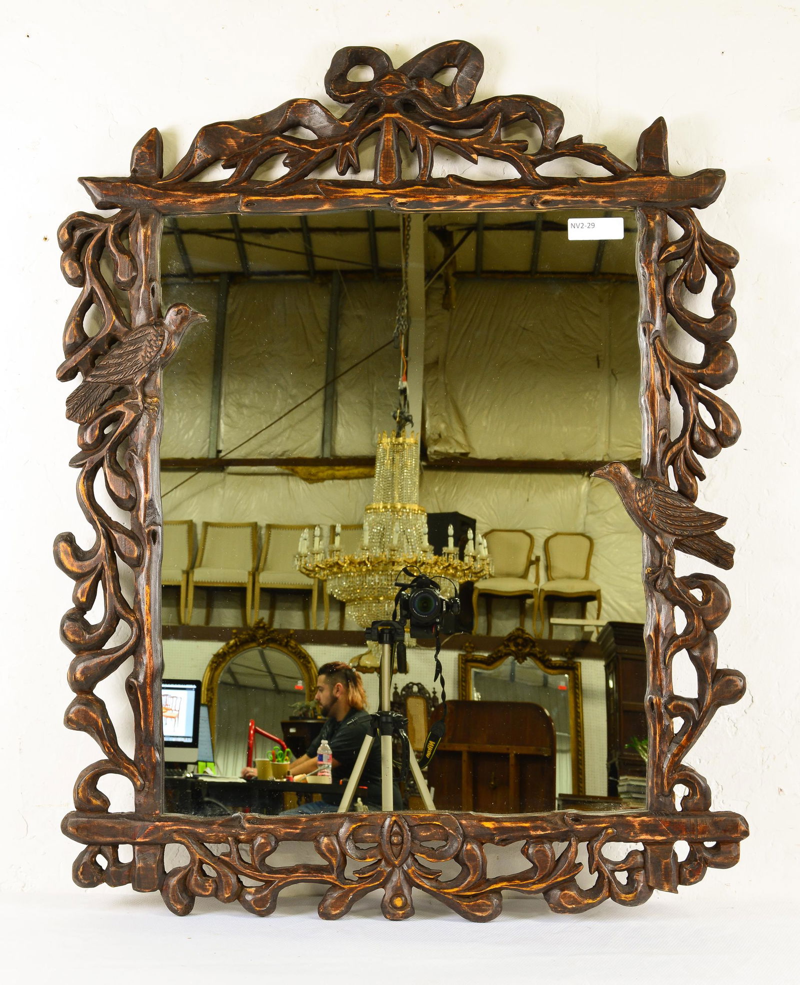 Carved Oak Framed Mirror With Ribbon & Birds (1 of 2)