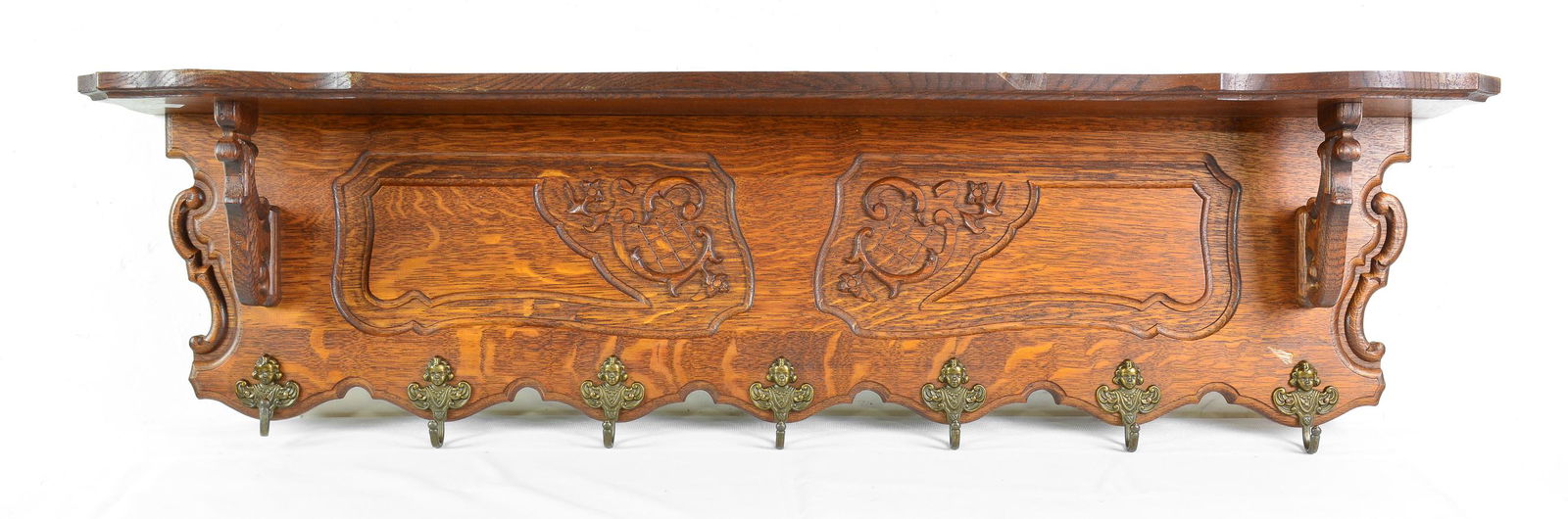 Carved Oak Wall Shelf with Hooks (1 of 3)