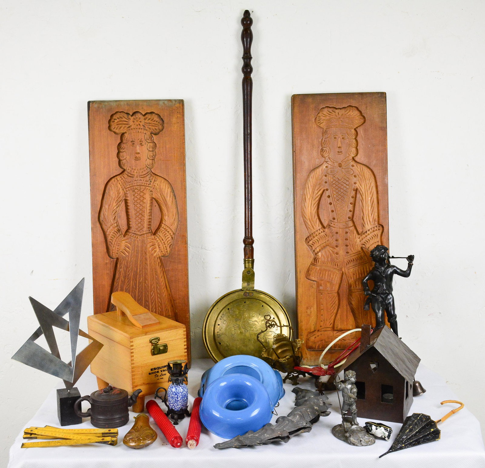 Large Collection Of Assorted Estate Items: Large Collection of Assorted Estate Items - 2 Large Molds, Bed Warmer, Vintage Gun Powder Dispenser, Etc. - 34 in tall x 12 x 2