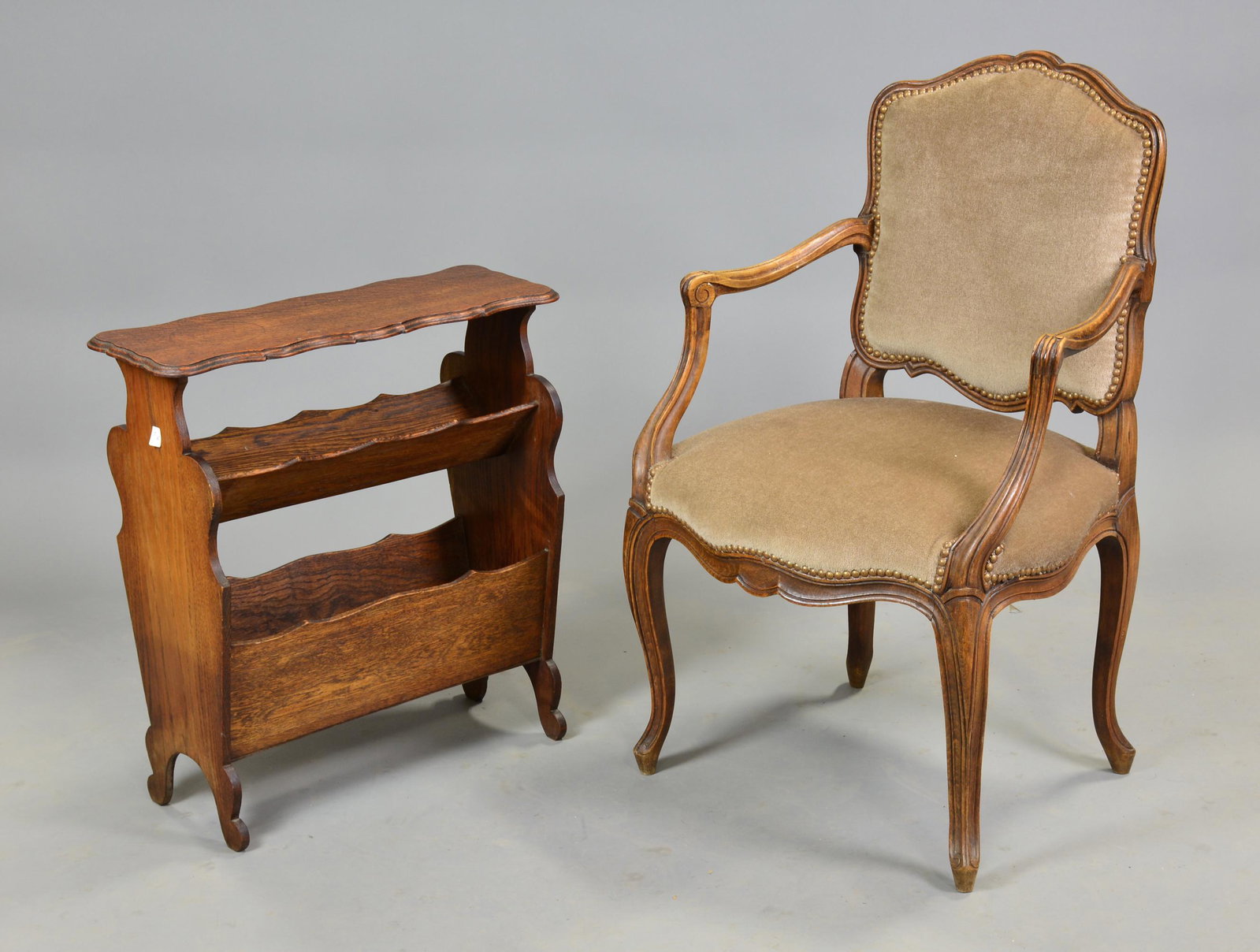 Louis XV Style Upholstered Arm Chair & Magazine Rack: French Louis XV Style Upholstered Arm Chair & Magazine Rack - Rack is 24 in tall x 22 x 8