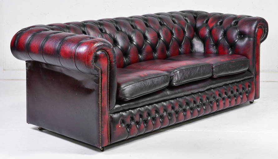 British Red Leather Button Tufted Chesterfield Sofa