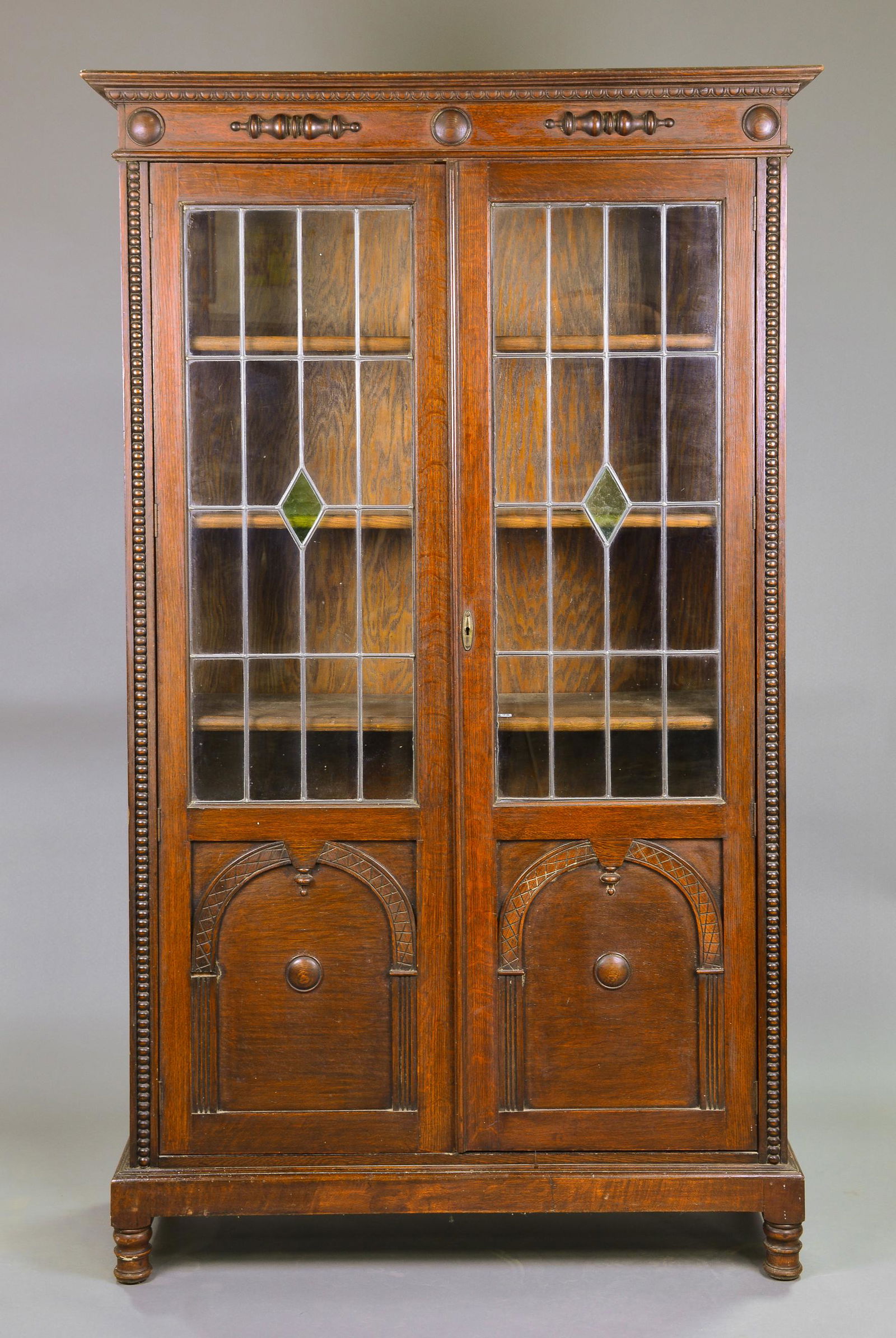 British Oak Tall Leaded Glass Double Door Bookcase (1 of 9)