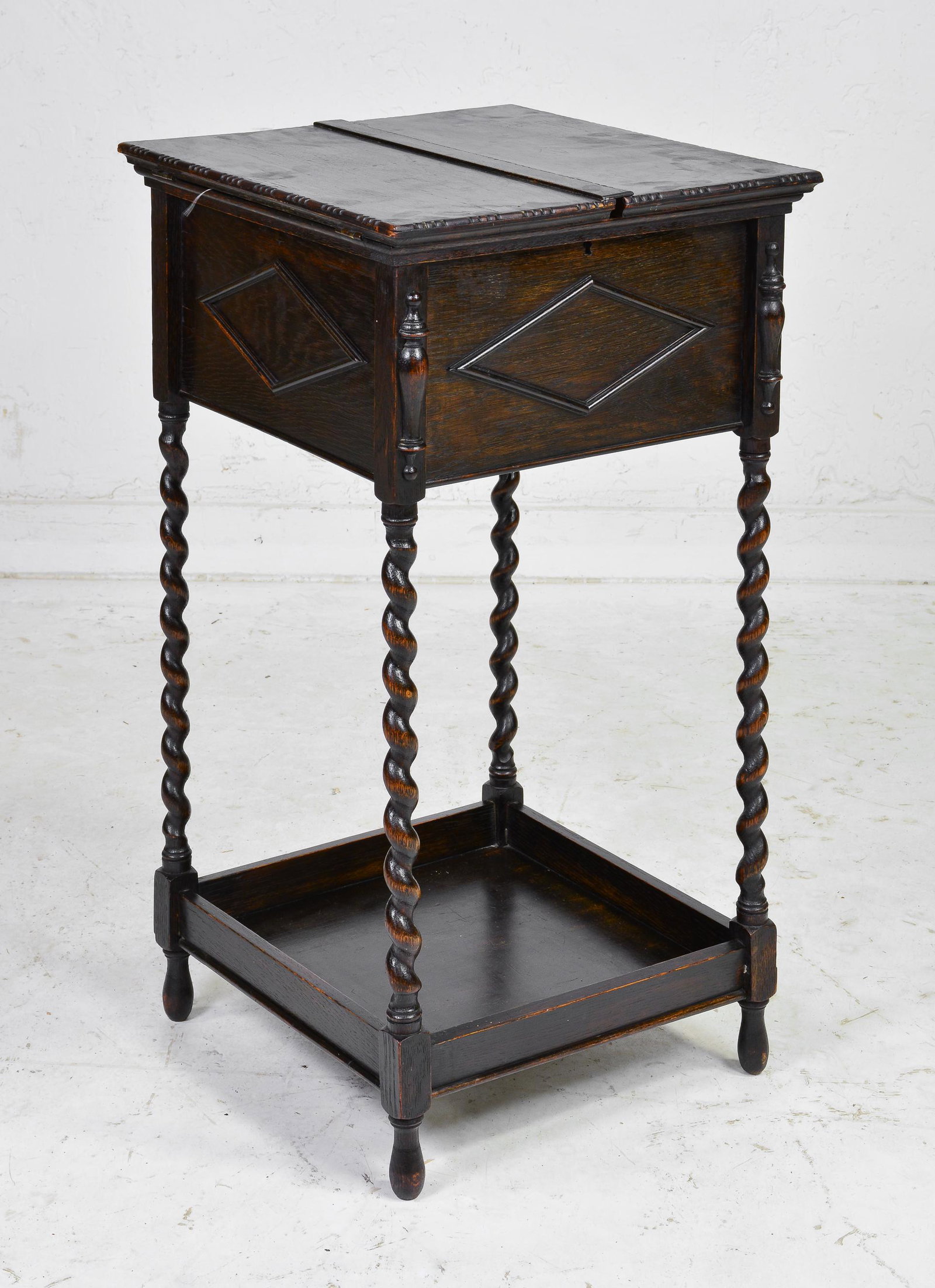 British Oak Barley Twist Sewing Box On Tall Legs: British Oak Barley Twist Sewing Box on Tall Legs - 30 in tall x 17 x 17