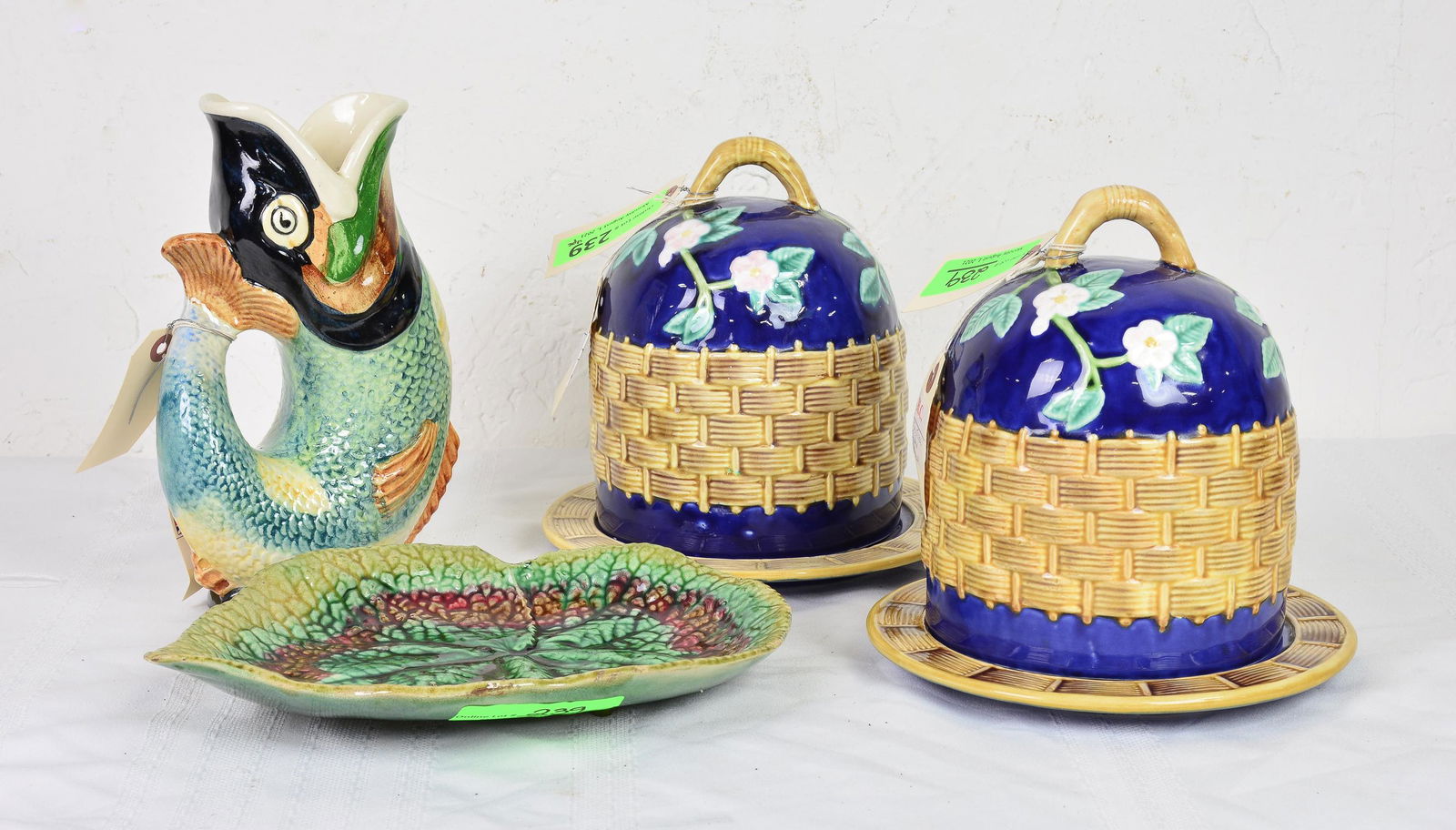 2 Majolica Cheese Domes, Leaf Plate & "Devon" Fish Jug (1 of 4)