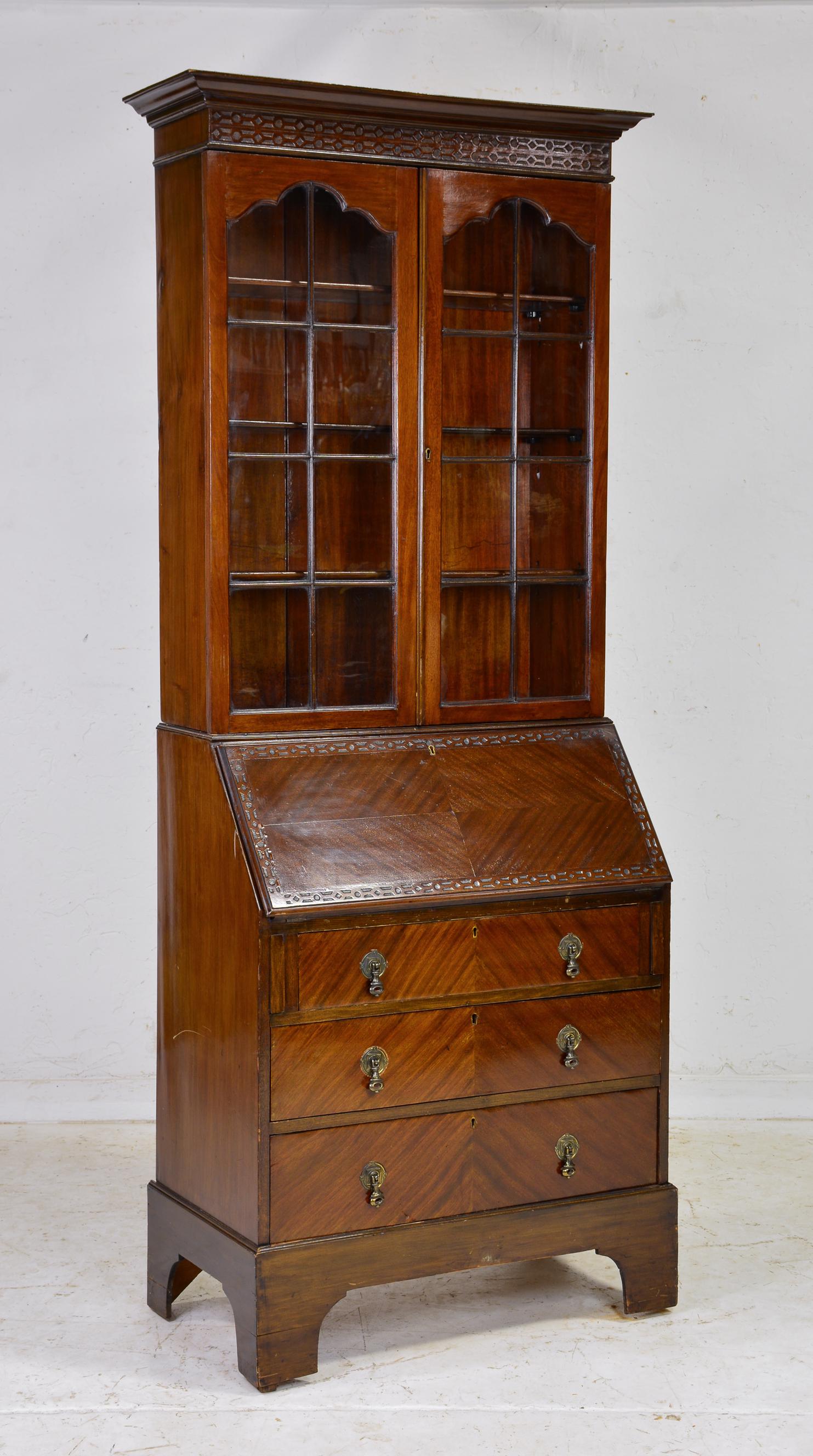 Carved British Drop Front Secretary Bookcase (1 of 3)
