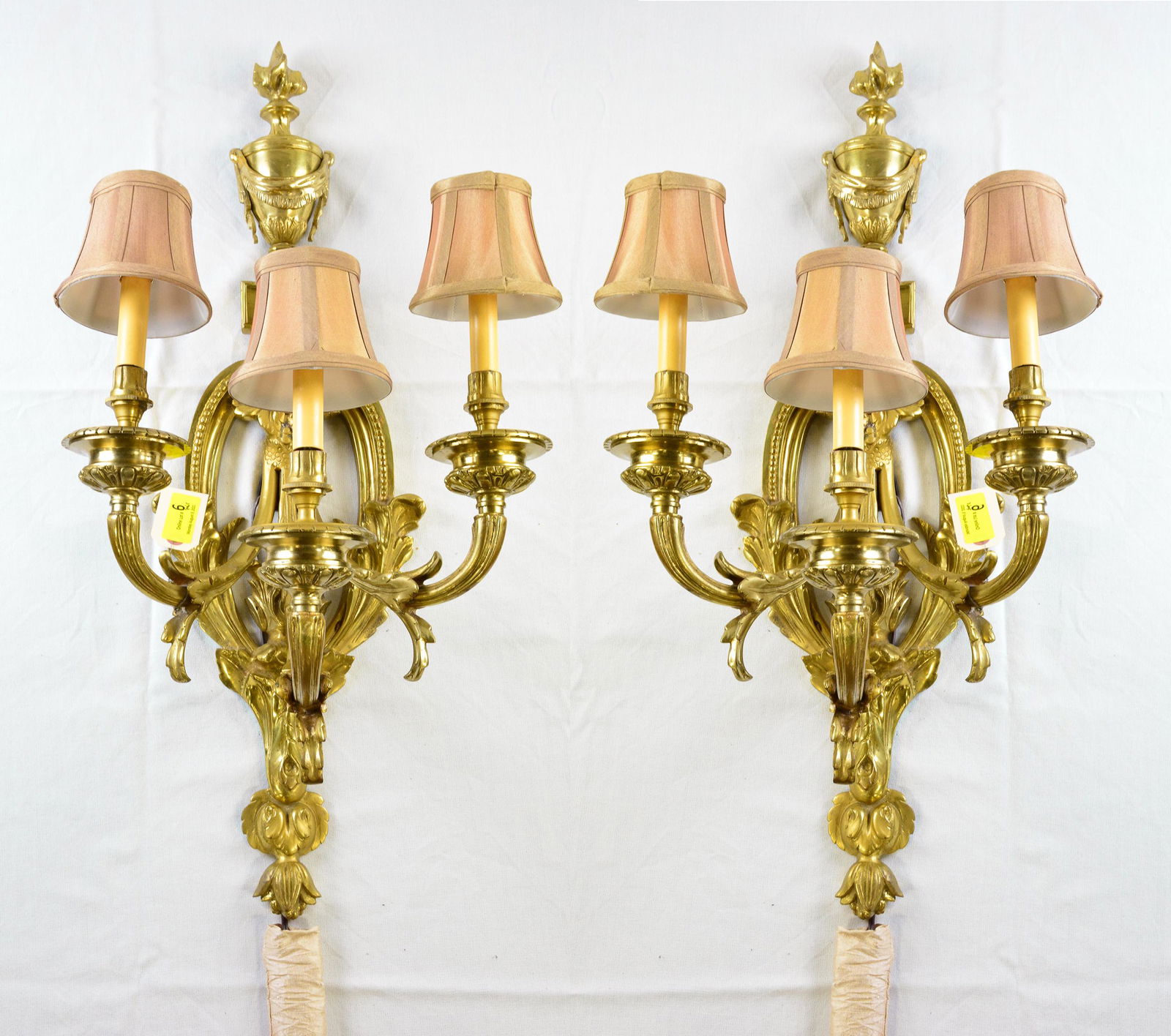Pair Gold Bronze 3 Arm Sconces With Shades #2 (1 of 4)