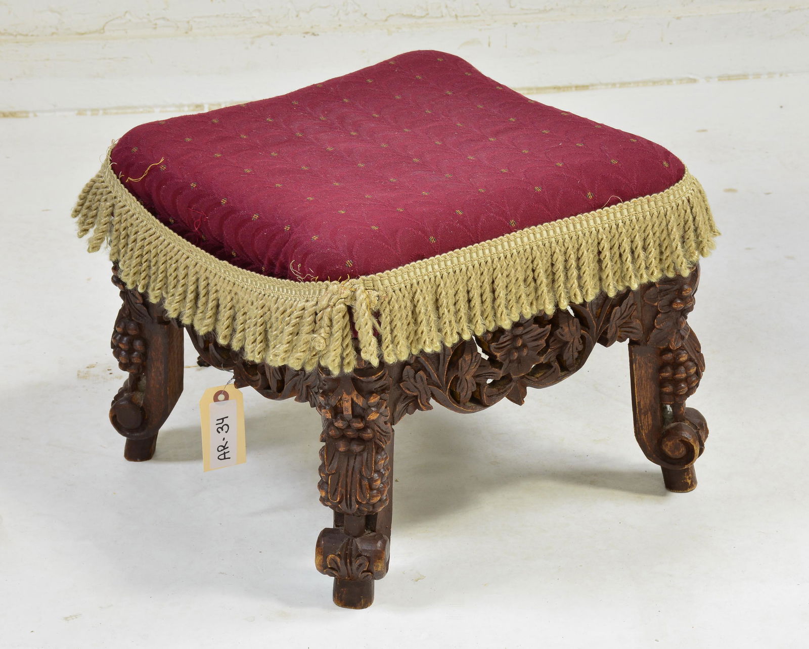 Carved Oak Upholstered Stool With Fringe (1 of 3)