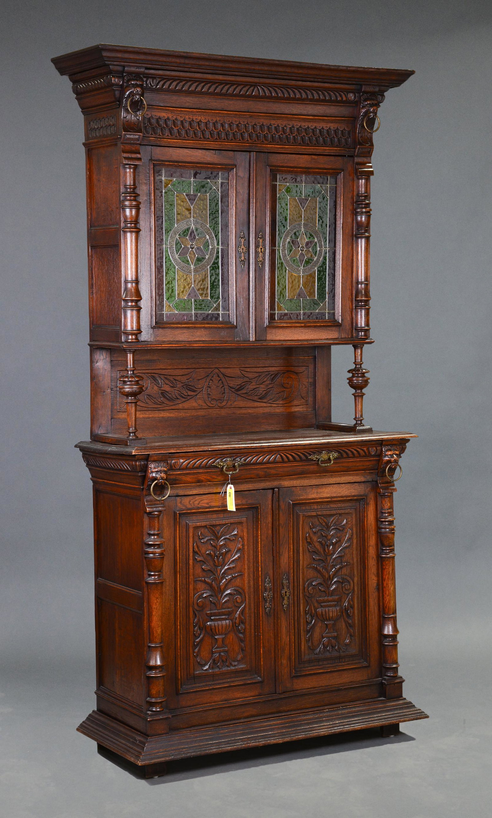 Henri II Style Carved Oak Stained Glass Double Buffet: Henri II Style Carved Oak Stained Glass Double Buffet - 89 in tall x 44 x 18