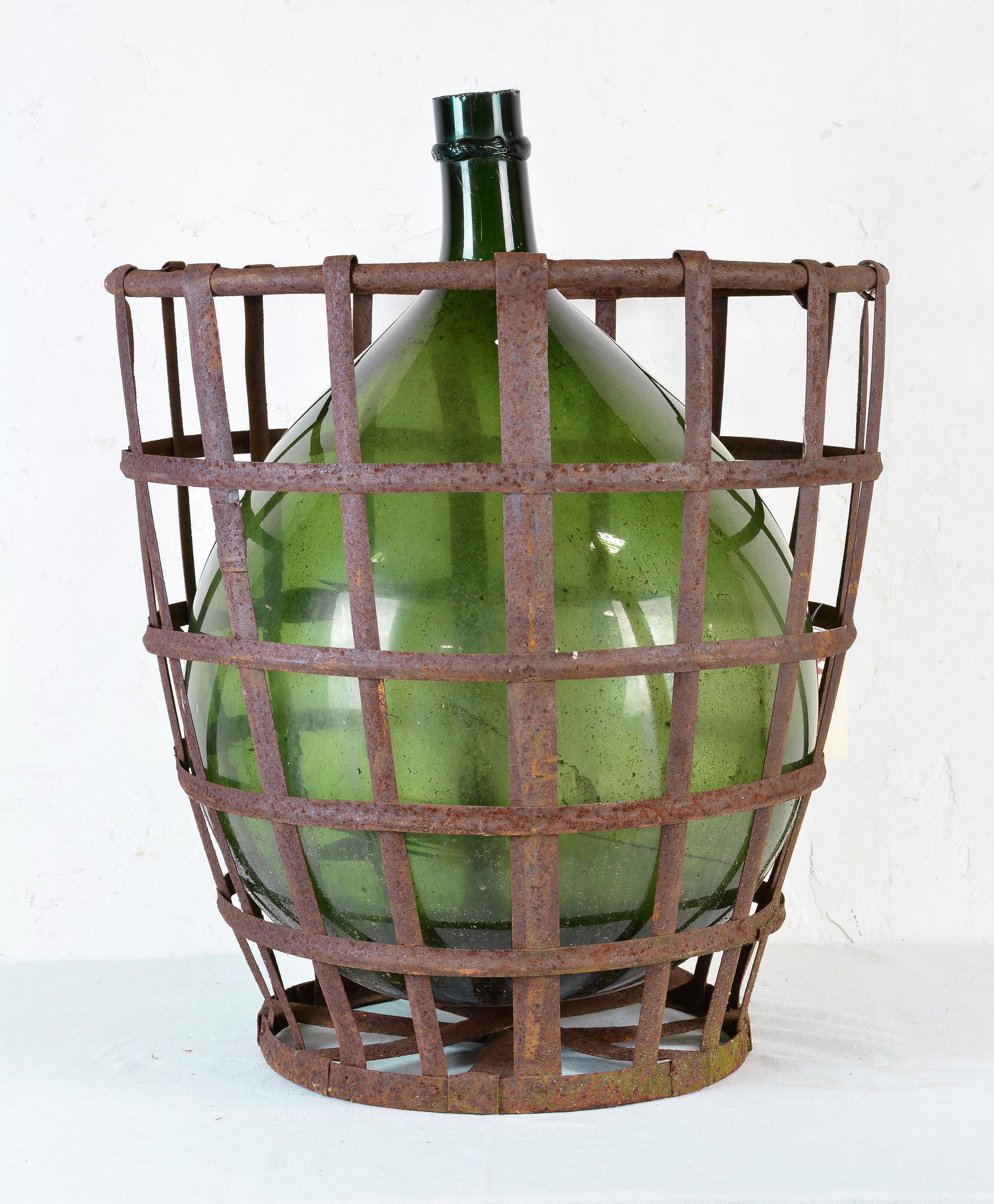 Green Glass Demijohn / Bottle In Metal Basket #1 (1 of 2)