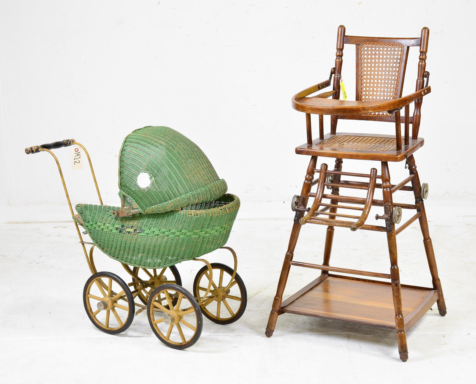 Highchair & Small Green Wicker Pram: Highchair & Small Green Wicker Pram - Highchair is 40 in tall x 19 x 19 and Stroller is 27 in tall x 31 x 13