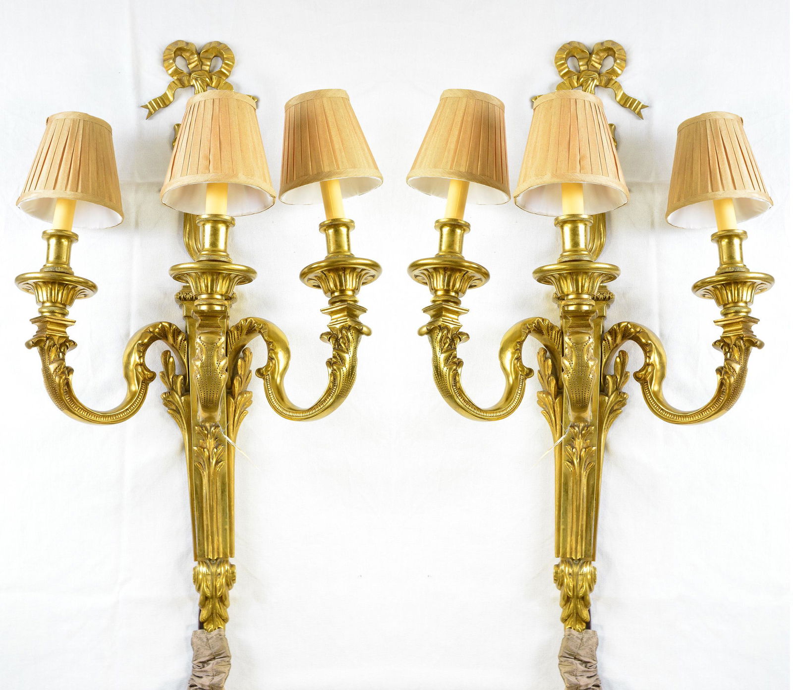 Pair Gold Bronze 3 Arm Sconces With Shades #2 (1 of 4)