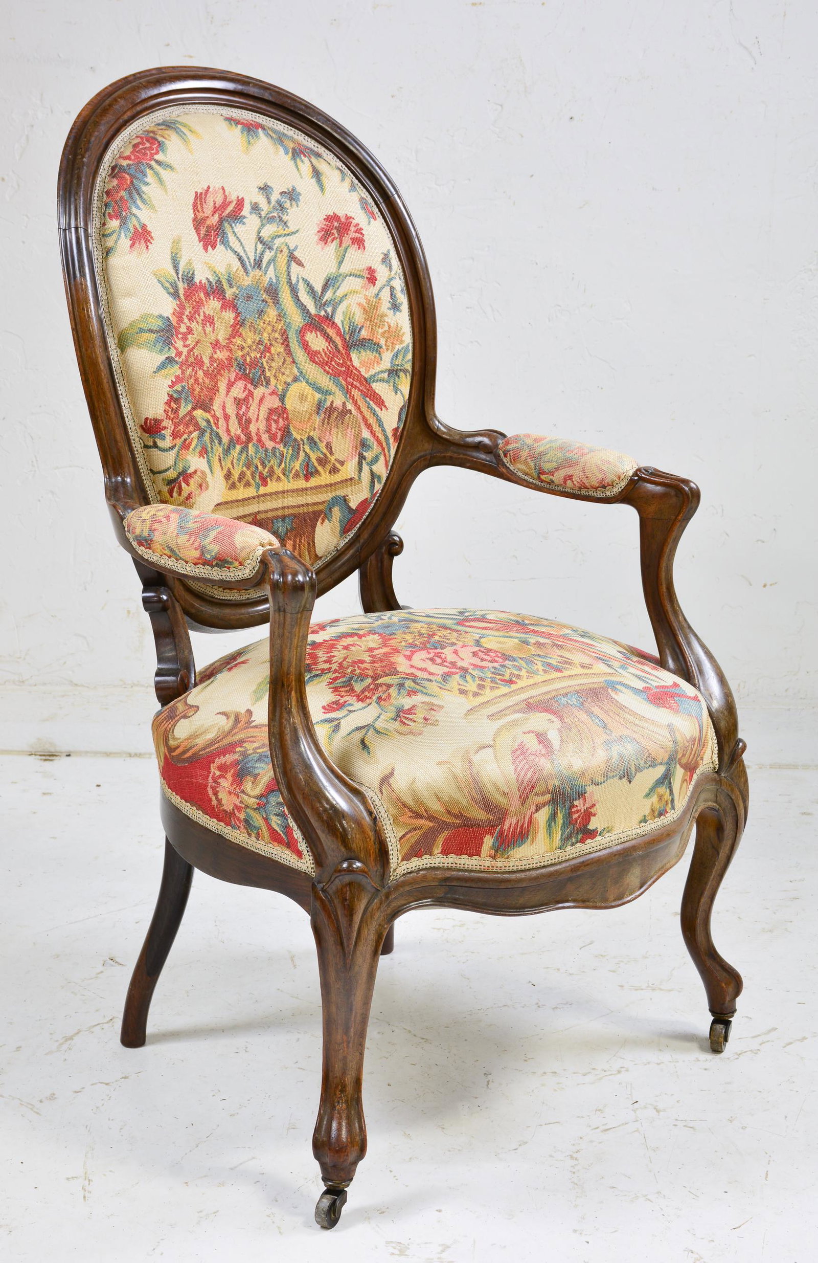 Napoleon III Style Floral Upholstered Arm Chair: French Napoleon III Style Floral Upholstered Arm Chair - 40 in tall x 24 x 18