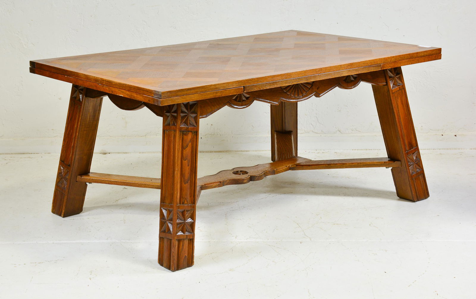 French Carved Oak Parquet Top Draw Leaf Table (1 of 7)