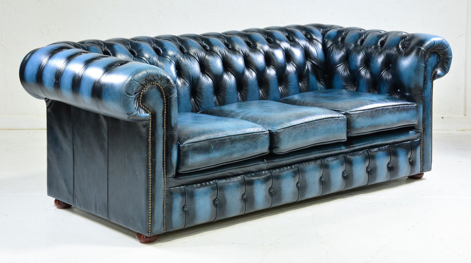British Blue Leather Chesterfield 3 Seater Sofa (1 of 7)
