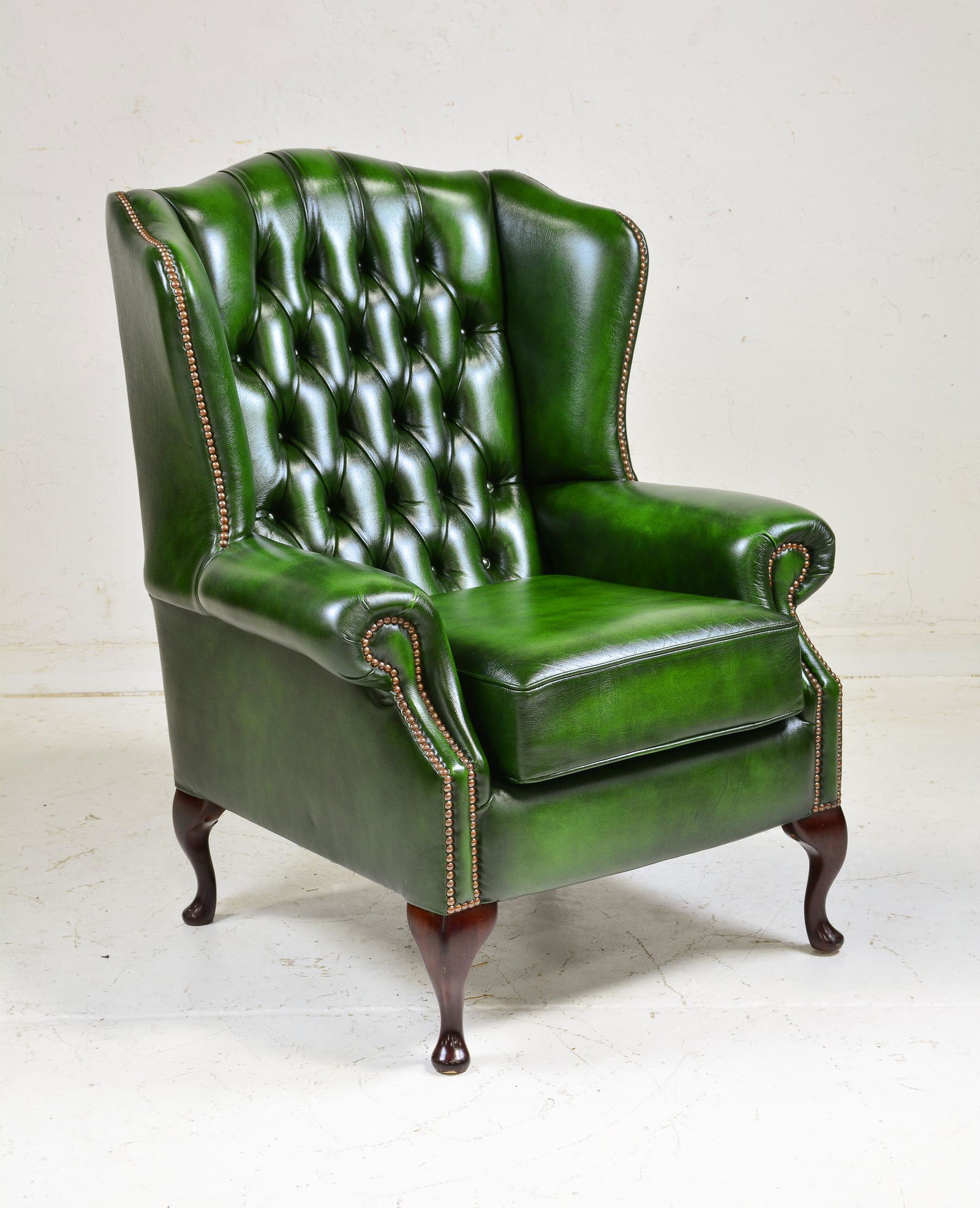 British Green Leather Chesterfield Wing Chair (1 of 4)