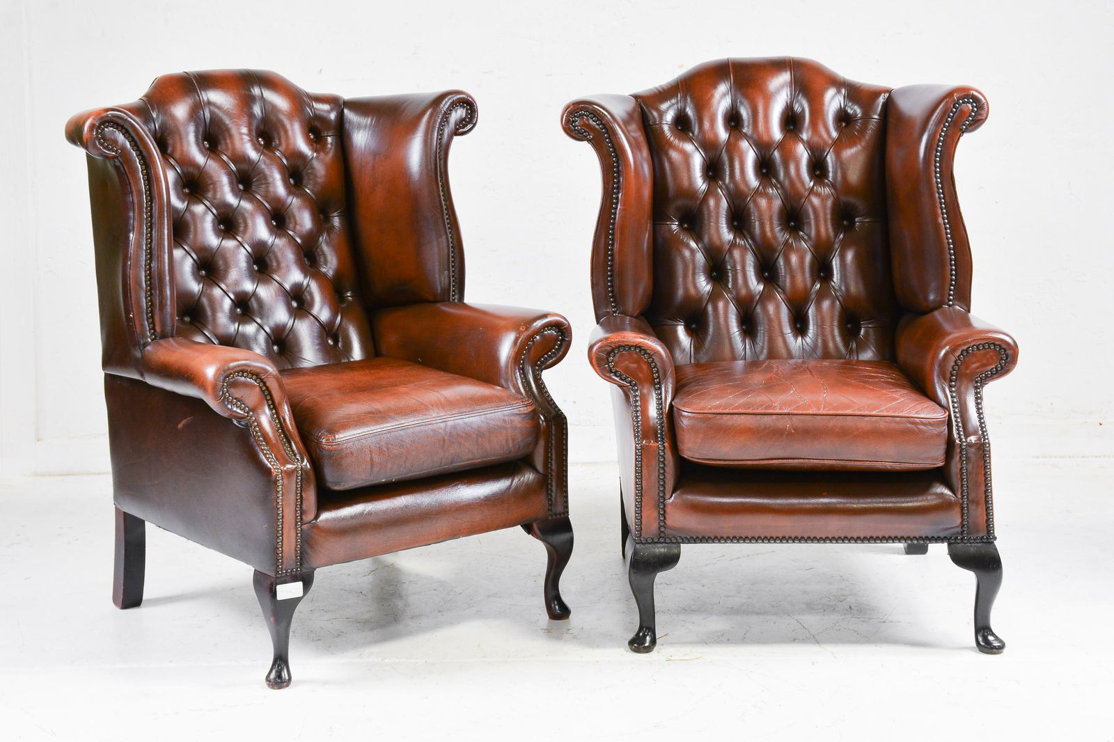 2 British Brown Leather Chesterfield Wing Chairs (1 of 6)
