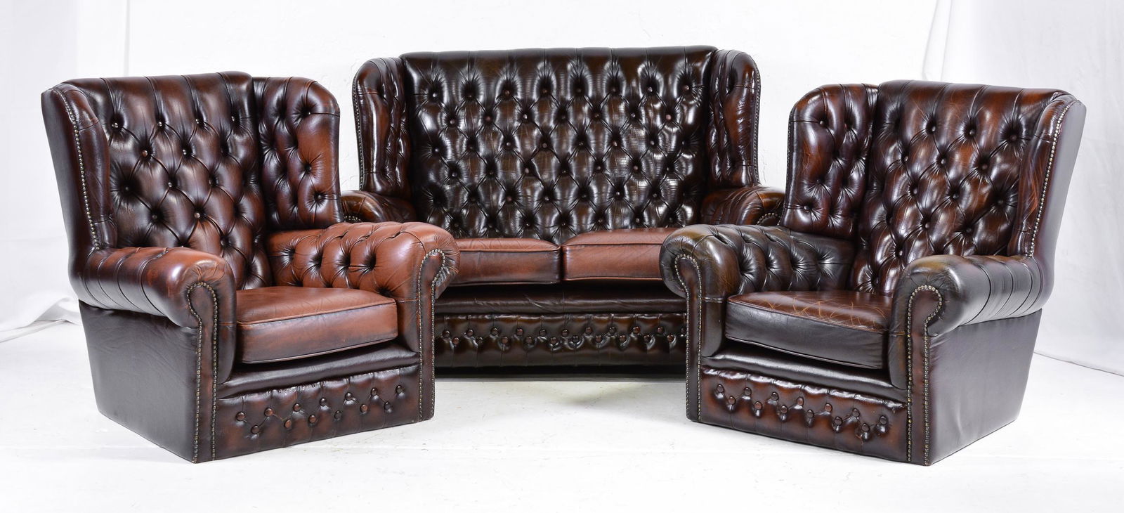 British Brown Monk Back Chesterfield Sofa & 2 Chairs (1 of 8)
