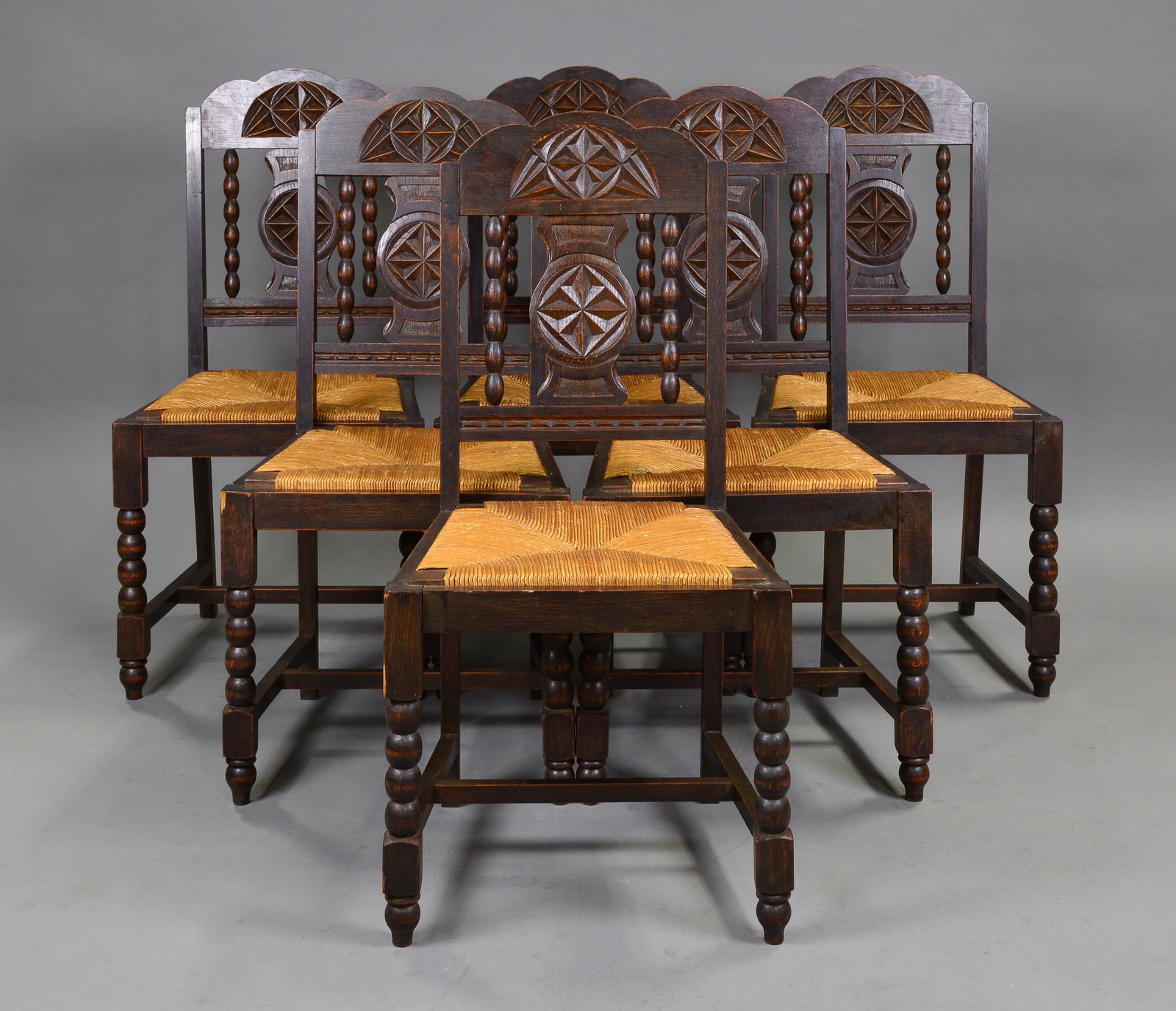 Set Of 6 Bobbin Rush Seat Chairs: Set of 6 Bobbin Rush Seat Chairs - 38 in tall x 19 x 17
