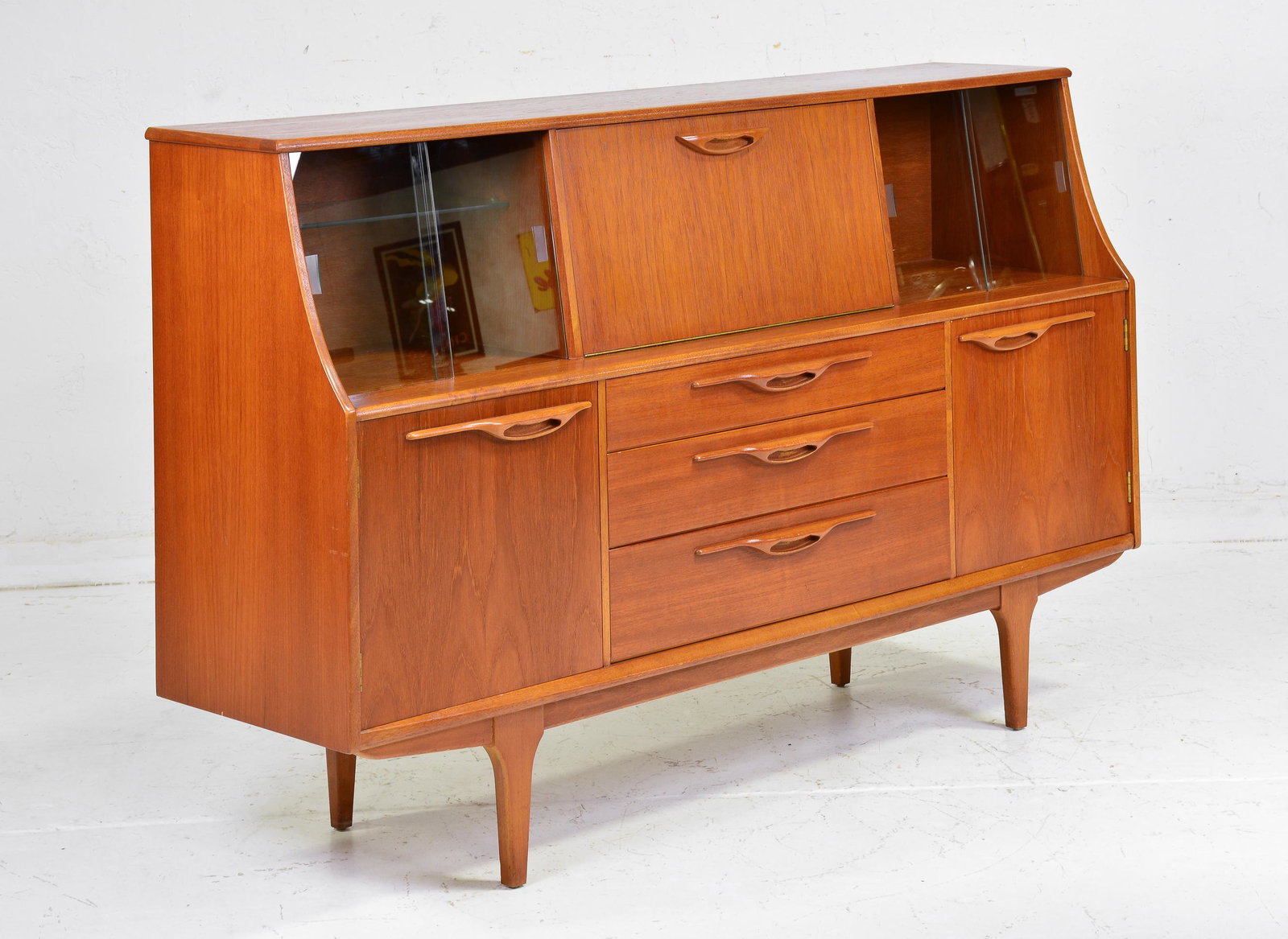Mid Century Drop Front Cocktail Cabinet by Jentique: Danish Modern Style Cocktail Cabinet / Bookcase very likely made by British Maker Jentique - 41 in tall x 65 x 17
