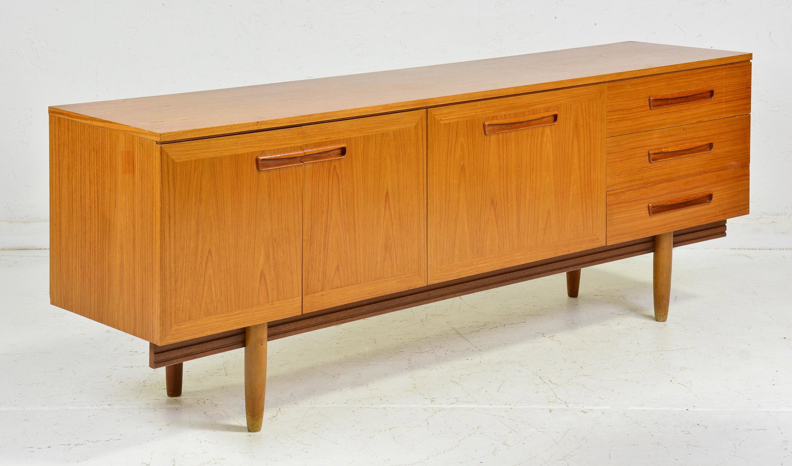 Mid Century Modern Sideboard with Long Folded Handles: Danish Modern Style Credenza - British Made - 29 in tall x 78 x 18