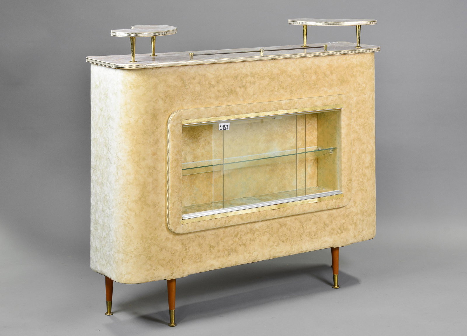 English Mid Century Modern Laminate Bar Front: English Mid Century Modern Laminate Home Bar Front with Glass Center Front - 42 in tall x 48 x