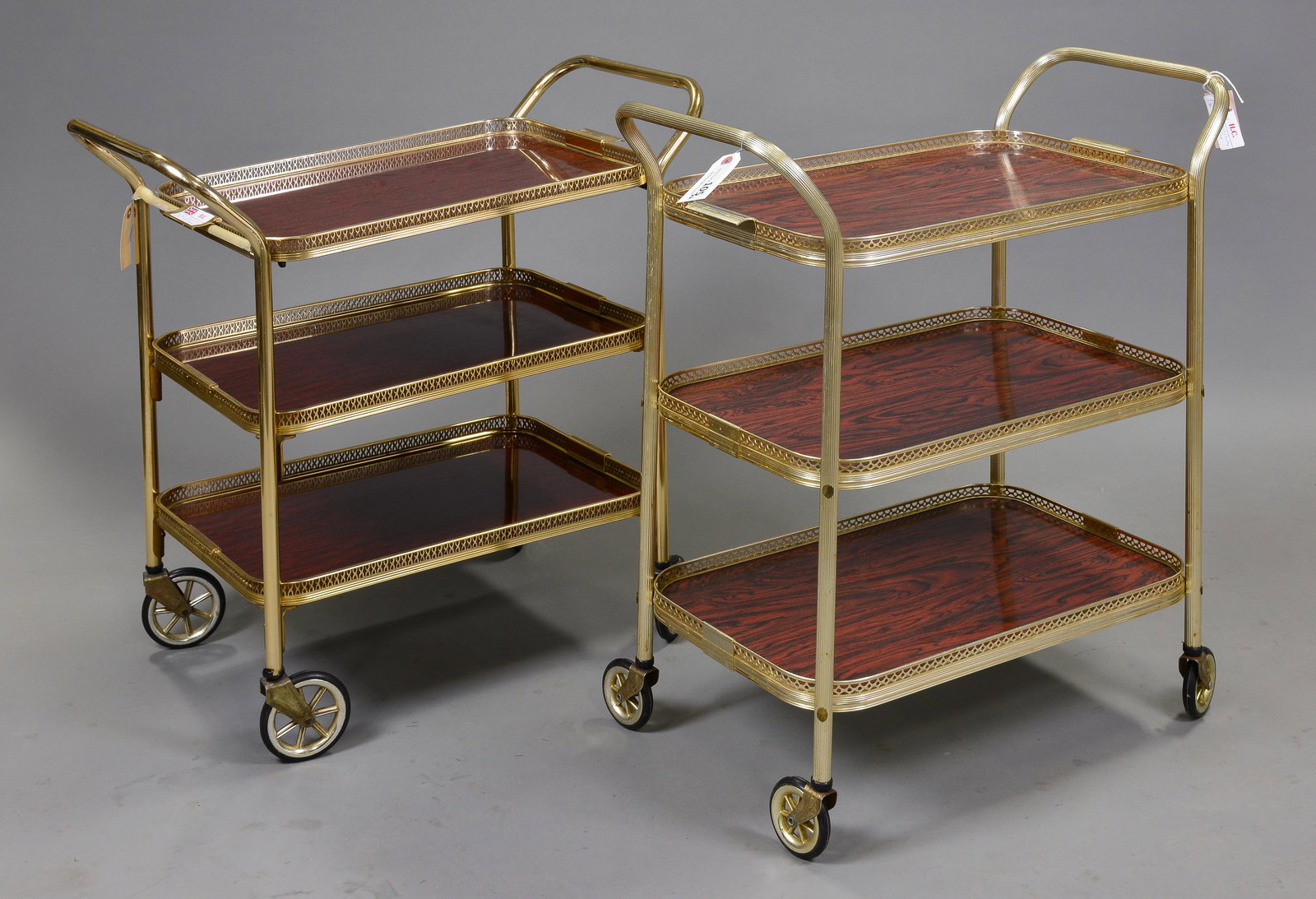 Two Mid Century Modern European Cocktail Carts: Two Mid Century Modern European Cocktail Carts - 31 in tall x 28 x 15 & 28 in tall x 31 x 16