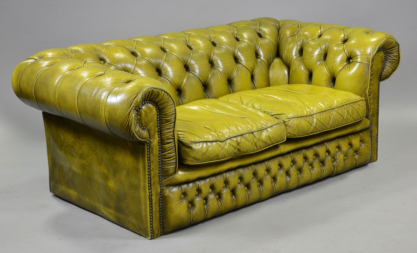 Faded Yellow / Green Leather Chesterfield Sofa (1 of 4)