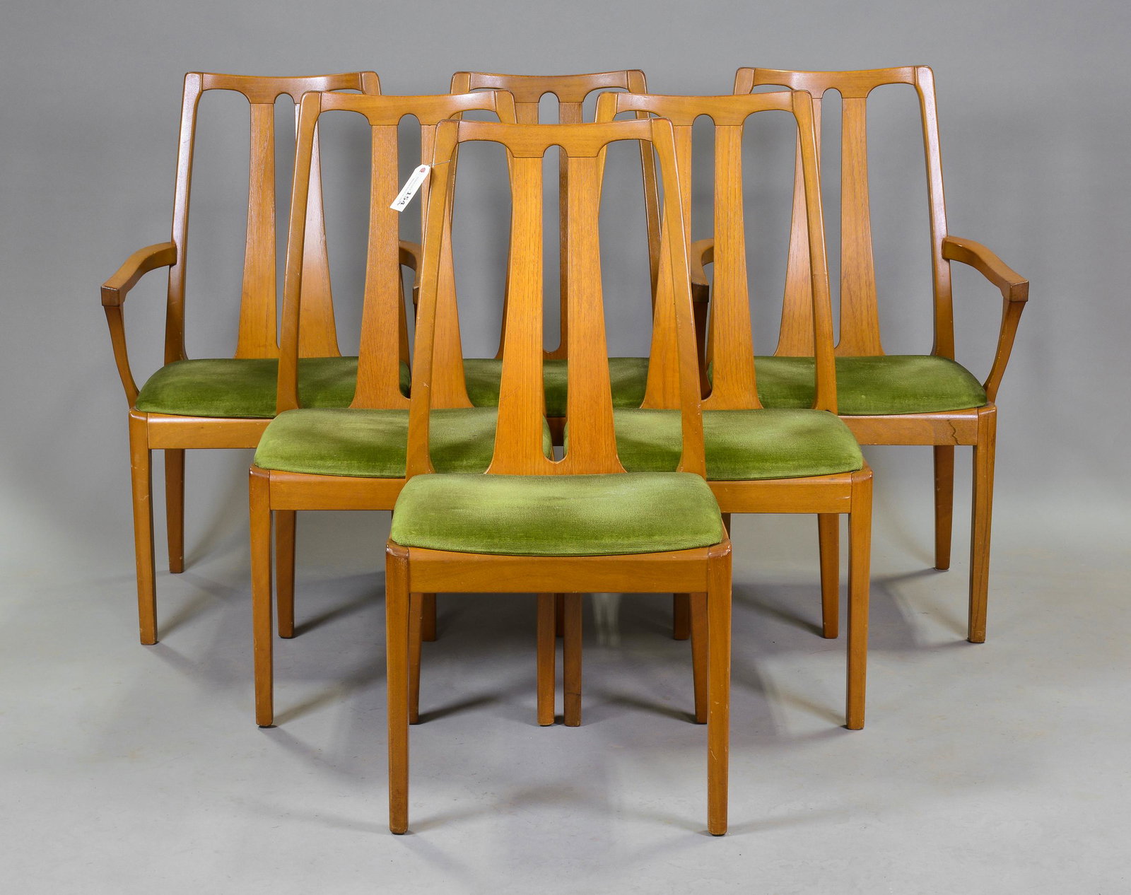 6 Mid Century Modern Dining Chairs by Nathan: This set of 6 Danish Modern Style Teak Dining chairs consists of 4 side chairs & 2 armchairs. This set is made by Mid Century Modern Furniture Maker Nathan Furniture. - 17 in tall x 19 x 14