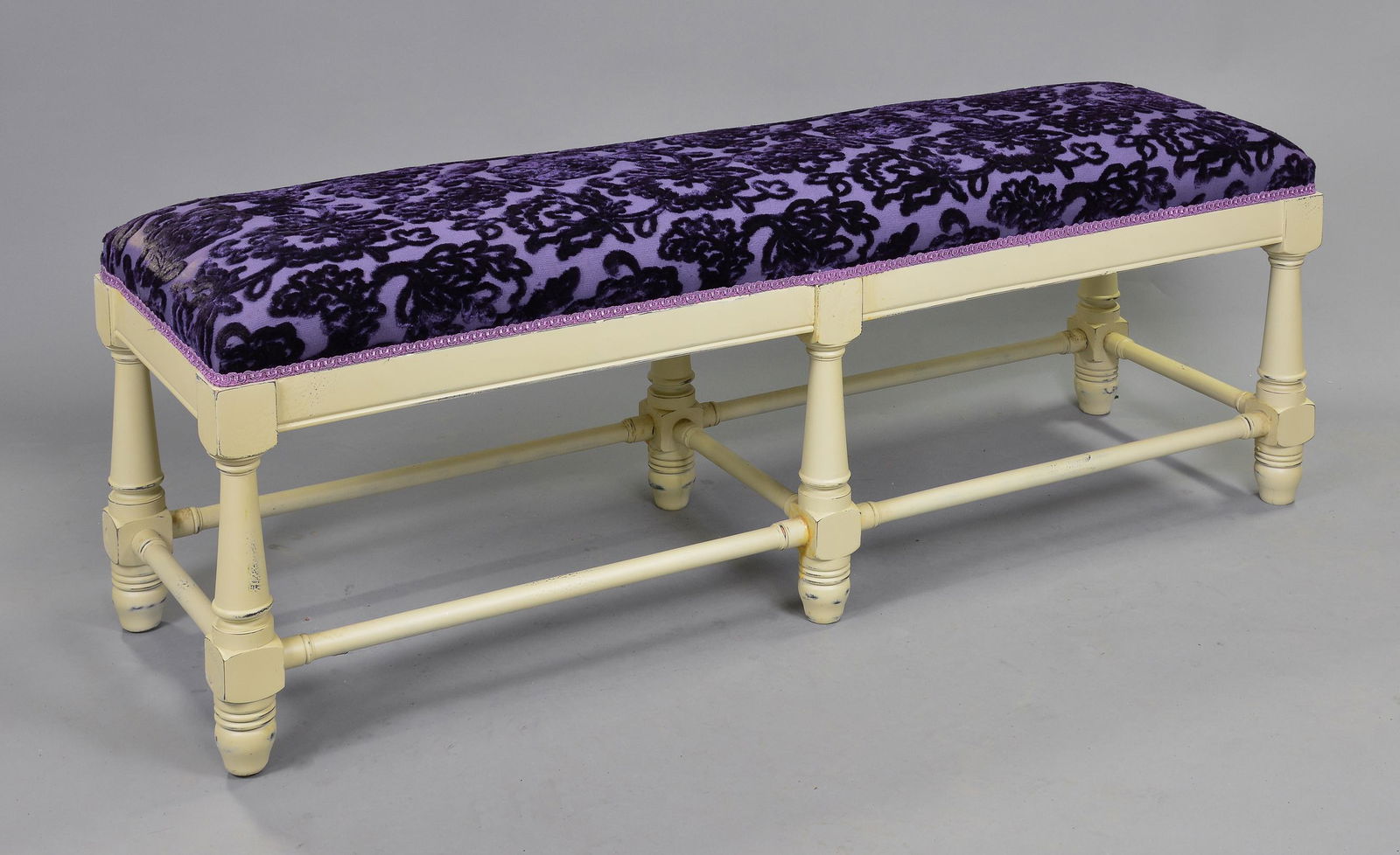 6 Leg Painted Bench with Purple Upholstery (1 of 3)