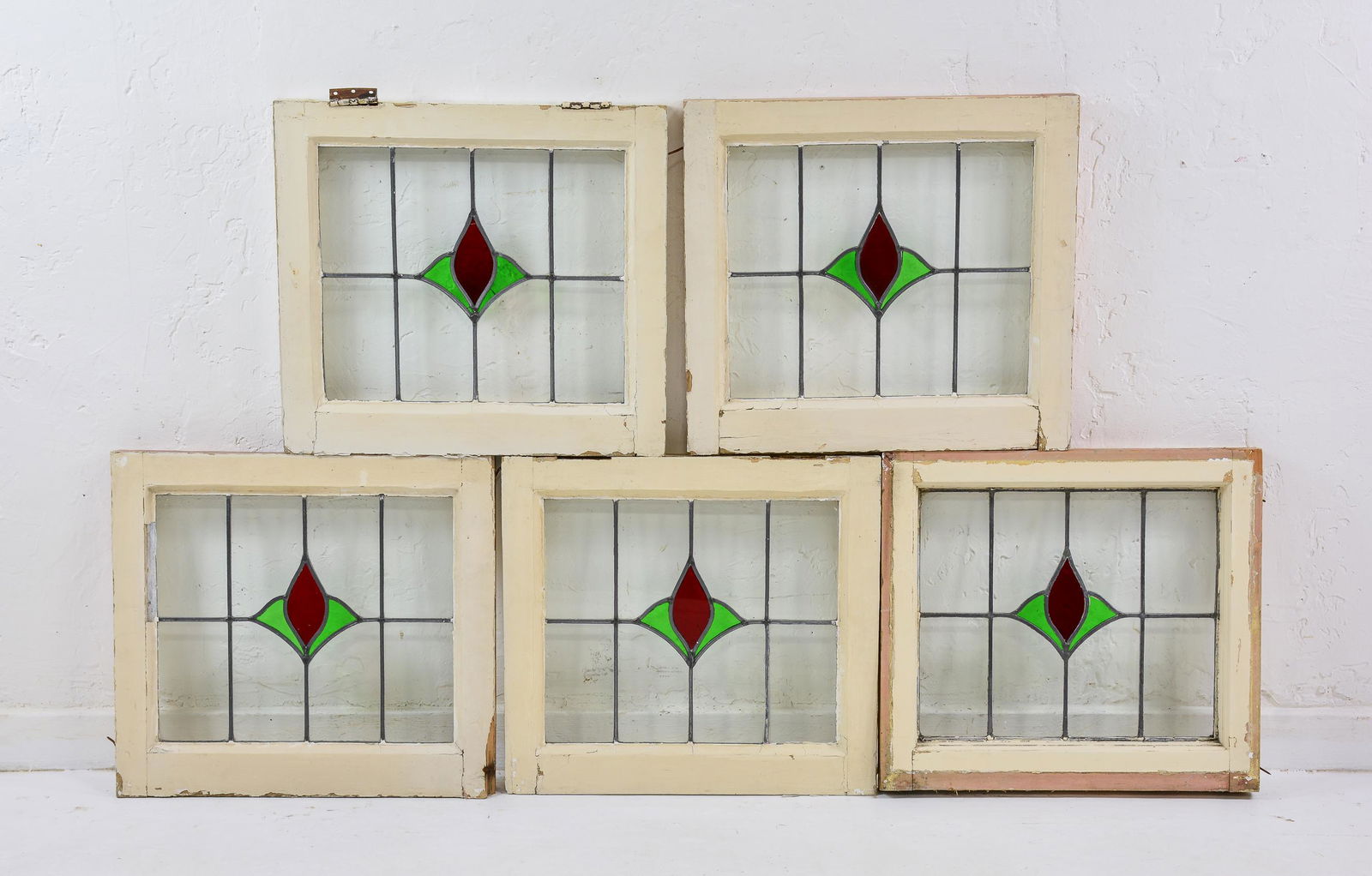 5 British Stained Glass Windows - Red & Green Centers (1 of 2)