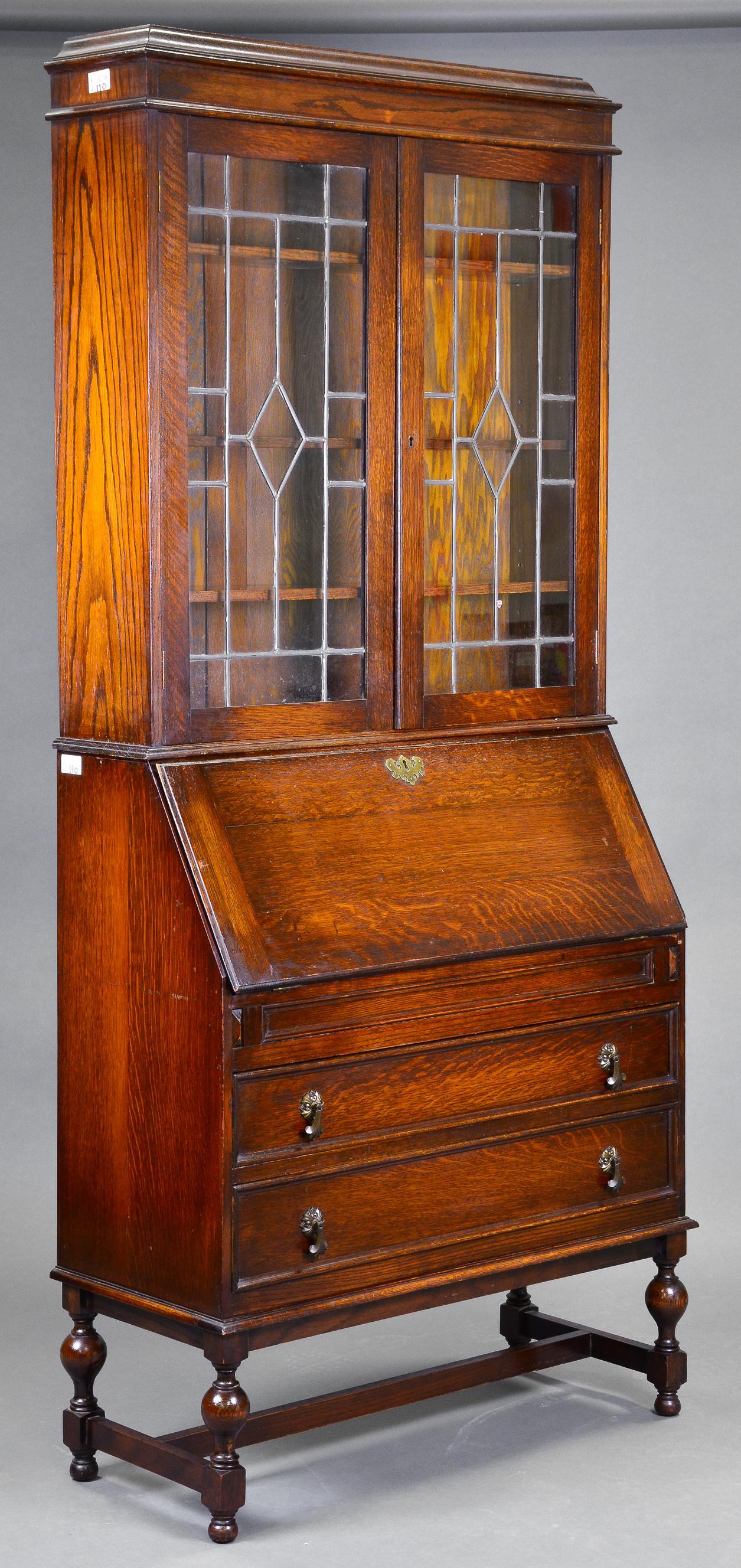 British Oak Bureau Bookcase with Leaded Glass (1 of 2)